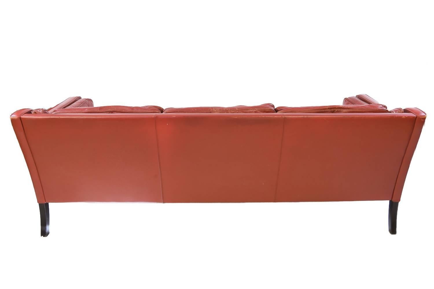 Danish Midcentury Børge Mogensen Style Red Leather Three-Seat Sofa 5