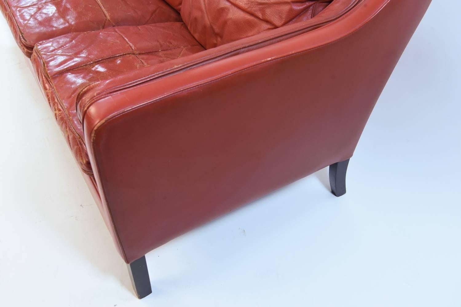 Danish Midcentury Børge Mogensen Style Red Leather Three-Seat Sofa 3