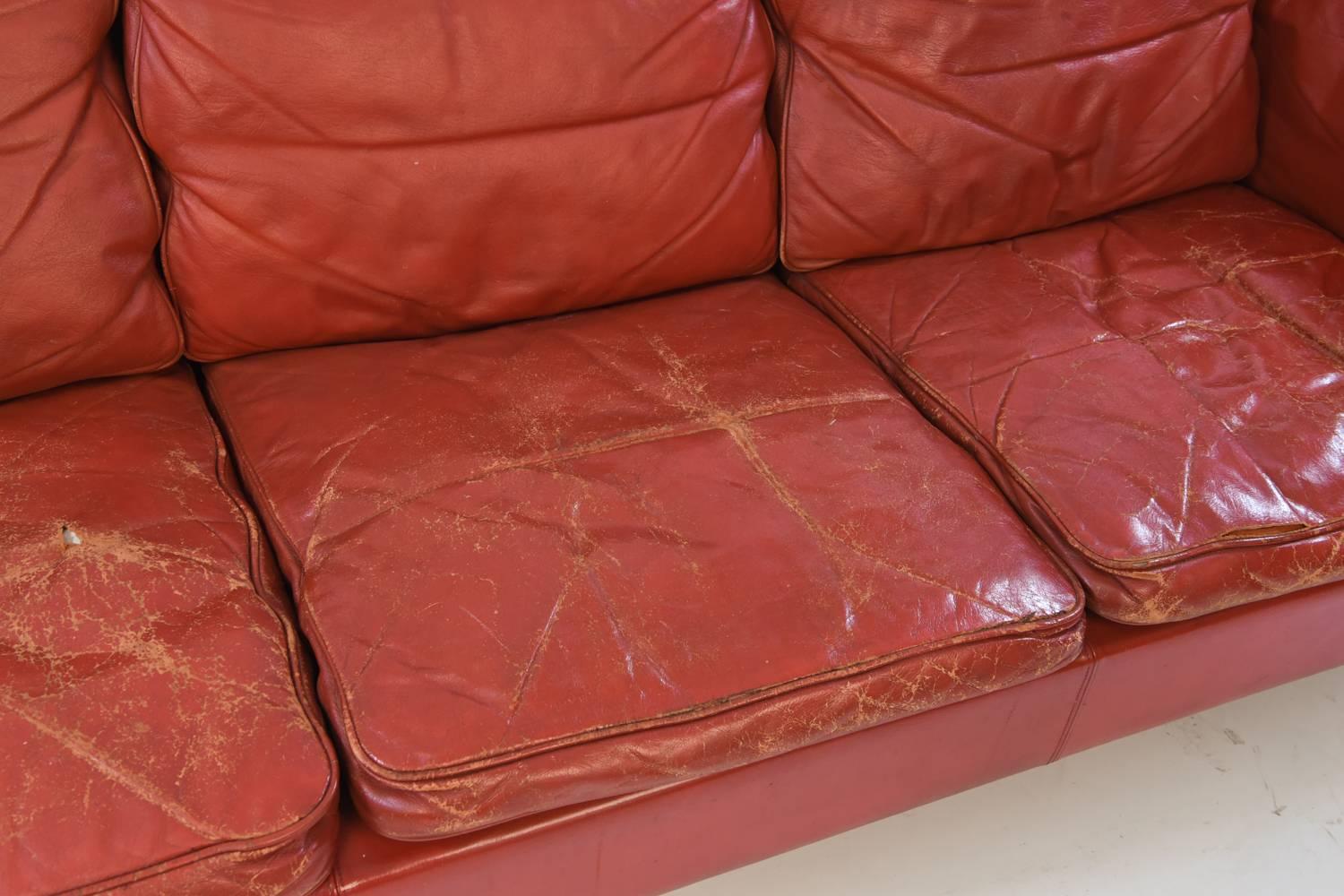 Mid-Century Modern Danish Midcentury Børge Mogensen Style Red Leather Three-Seat Sofa
