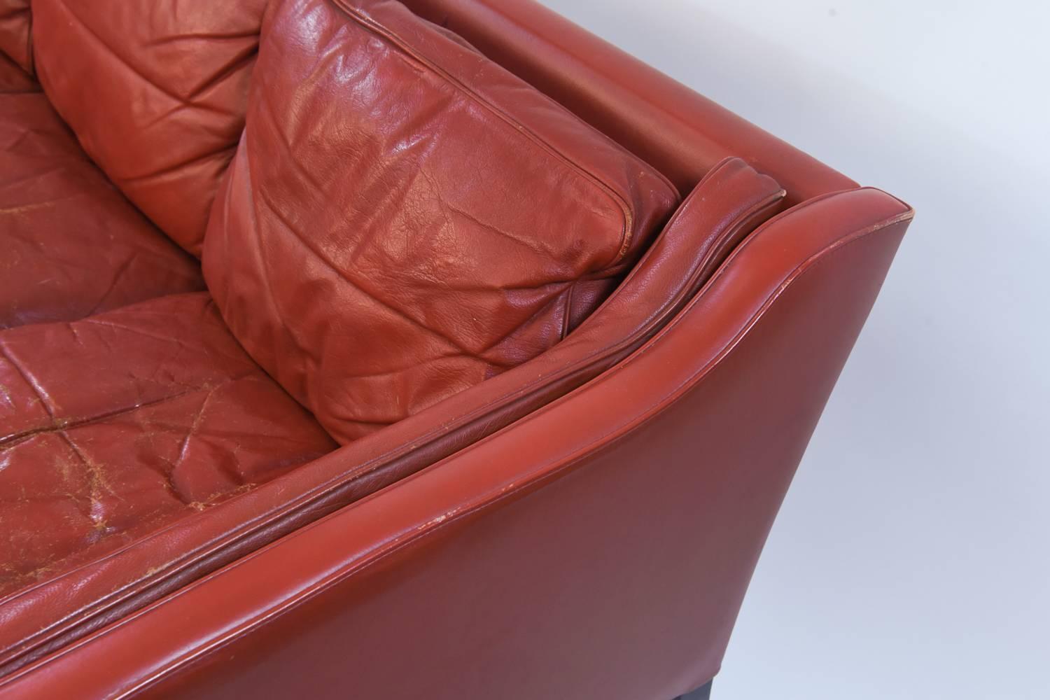 Danish Midcentury Børge Mogensen Style Red Leather Three-Seat Sofa 2
