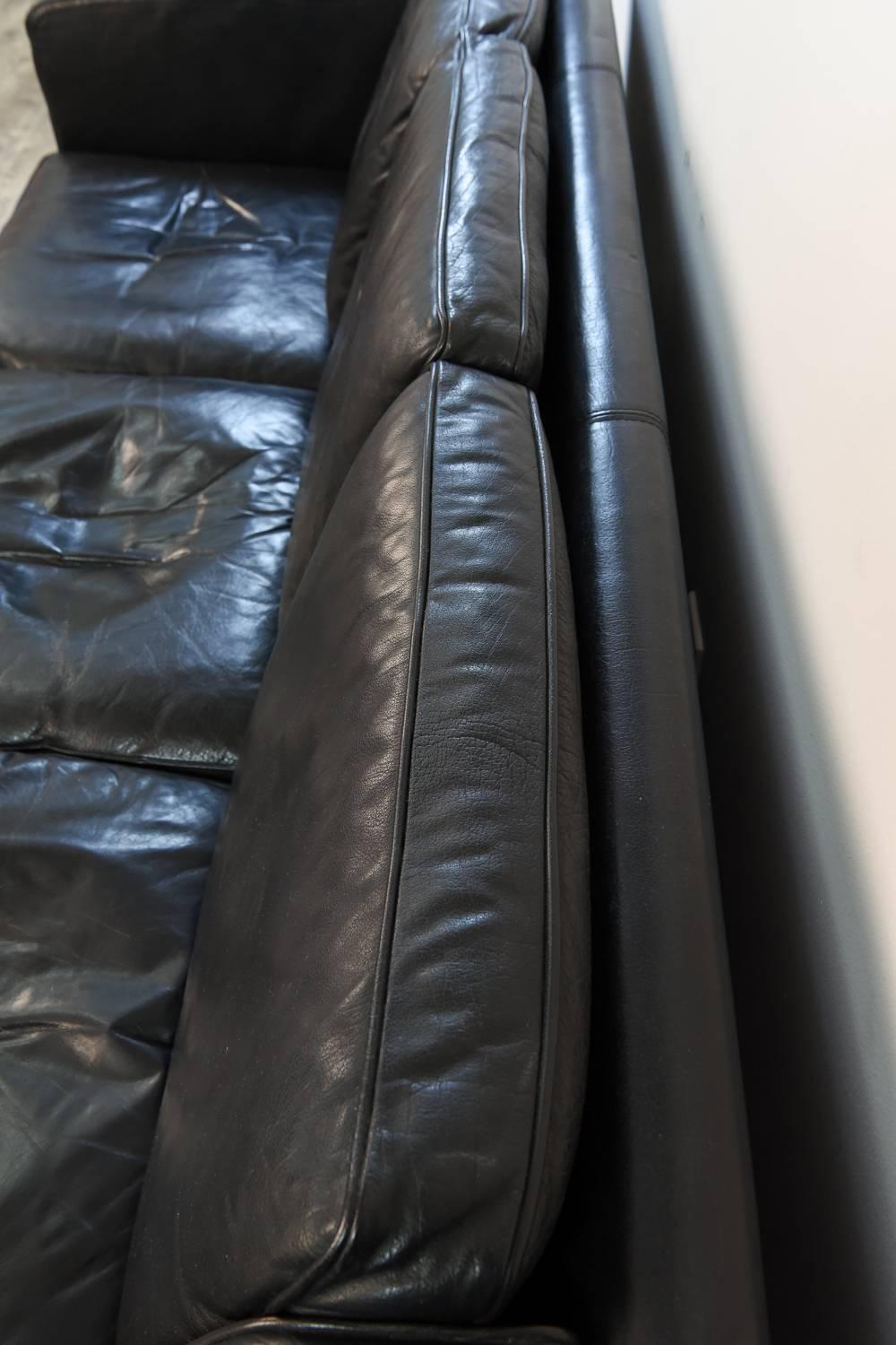 Danish Midcentury Borge Mogensen Style Black Leather Three-Seat Sofa 2