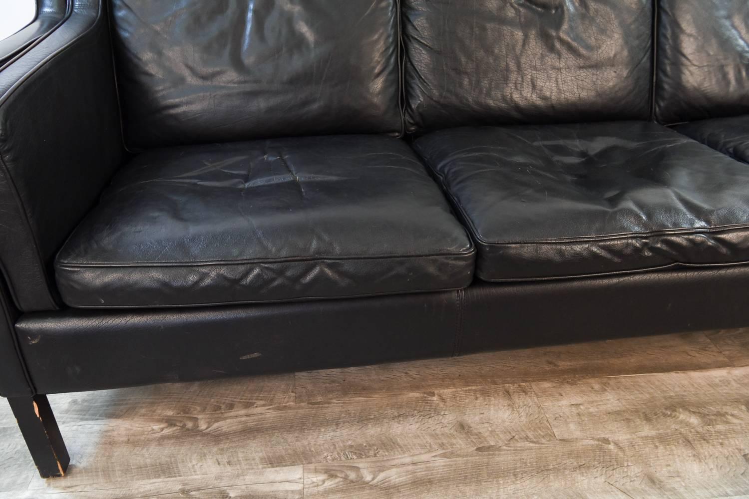 Danish Midcentury Borge Mogensen Style Black Leather Three-Seat Sofa 3