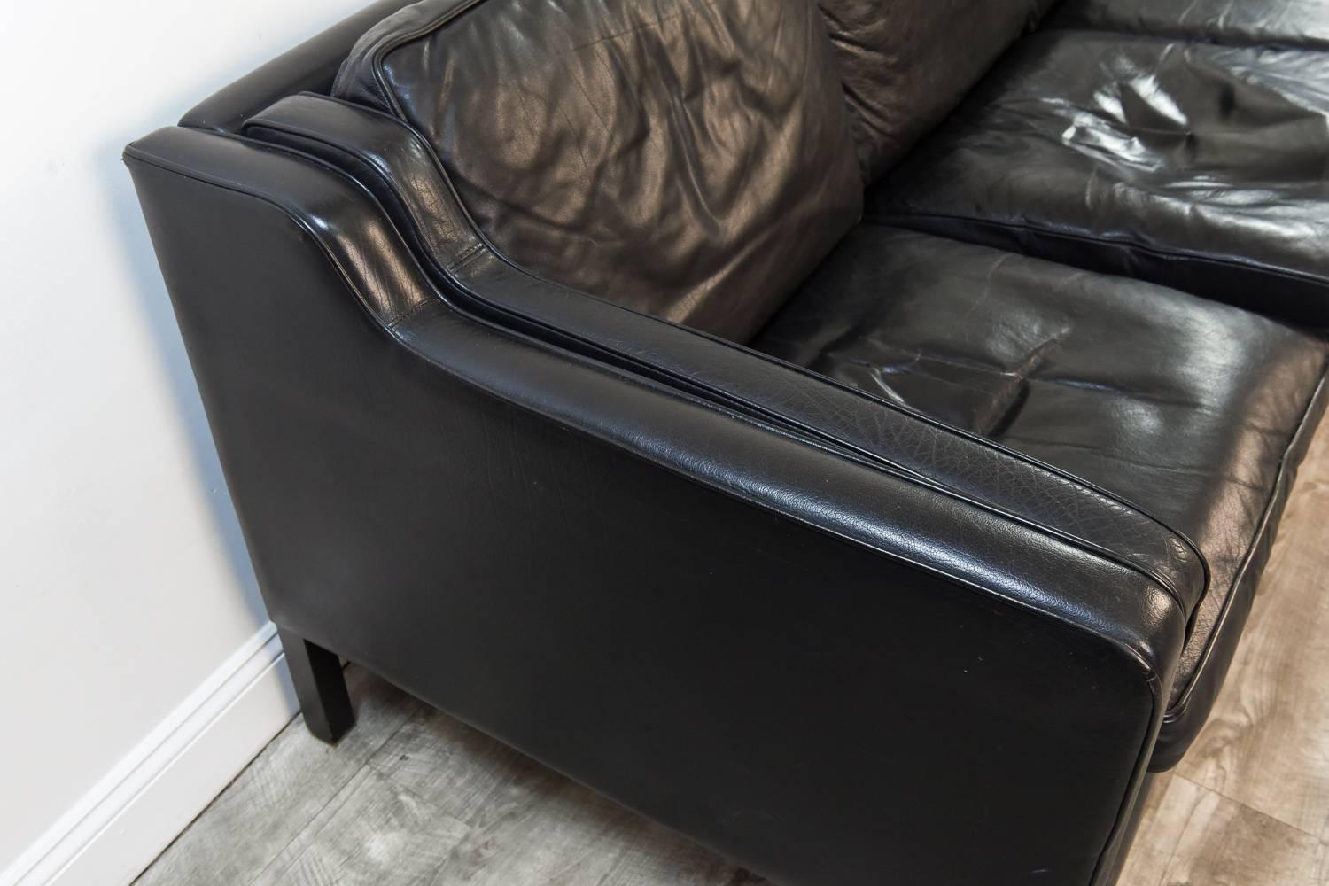 Danish Midcentury Borge Mogensen Style Black Leather Three-Seat Sofa 5