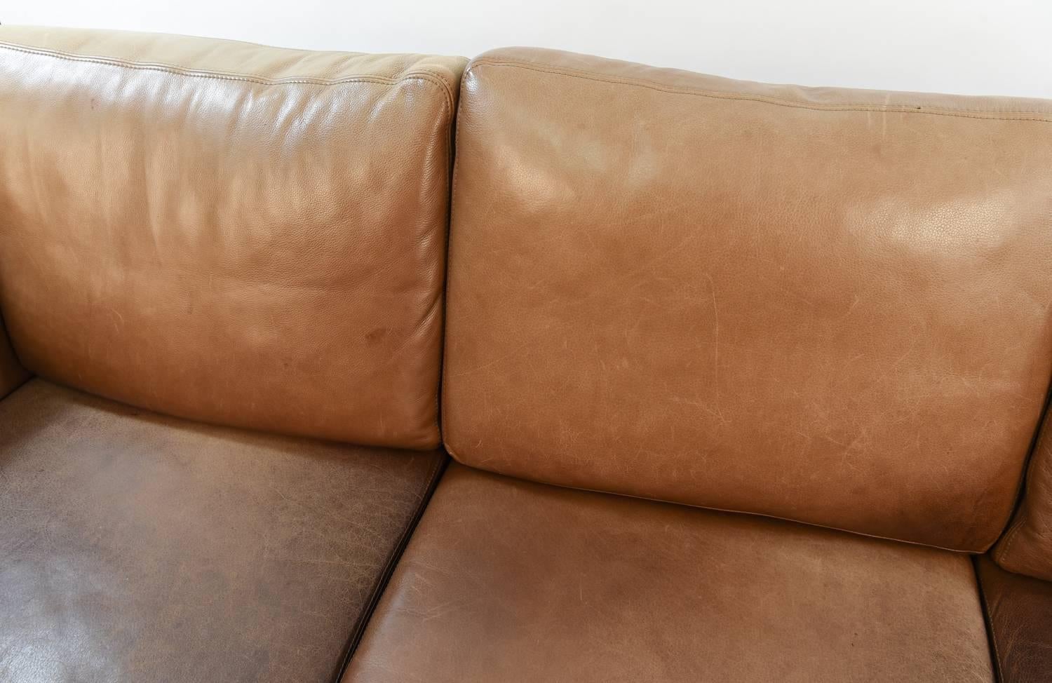 Mogens Hansen Danish Midcentury Three-Seat Leather Sofa In Distressed Condition In Norwalk, CT