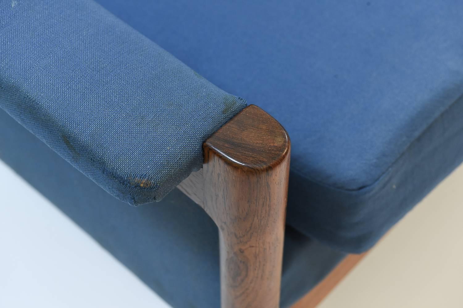 Danish Midcentury Blue Cotton and Rosewood Sofa 1
