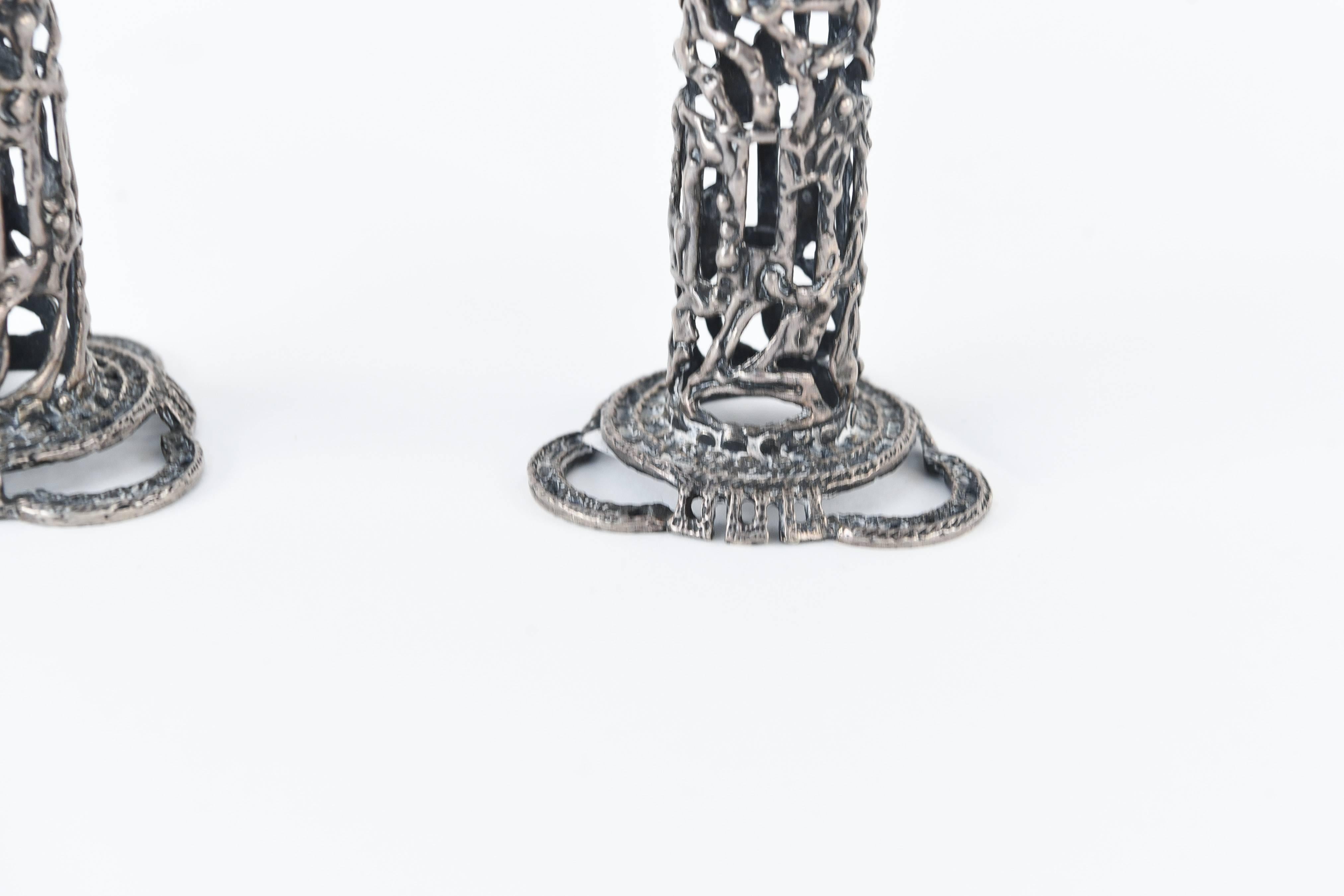 20th Century Sculptural Brutalist Silver Candlesticks