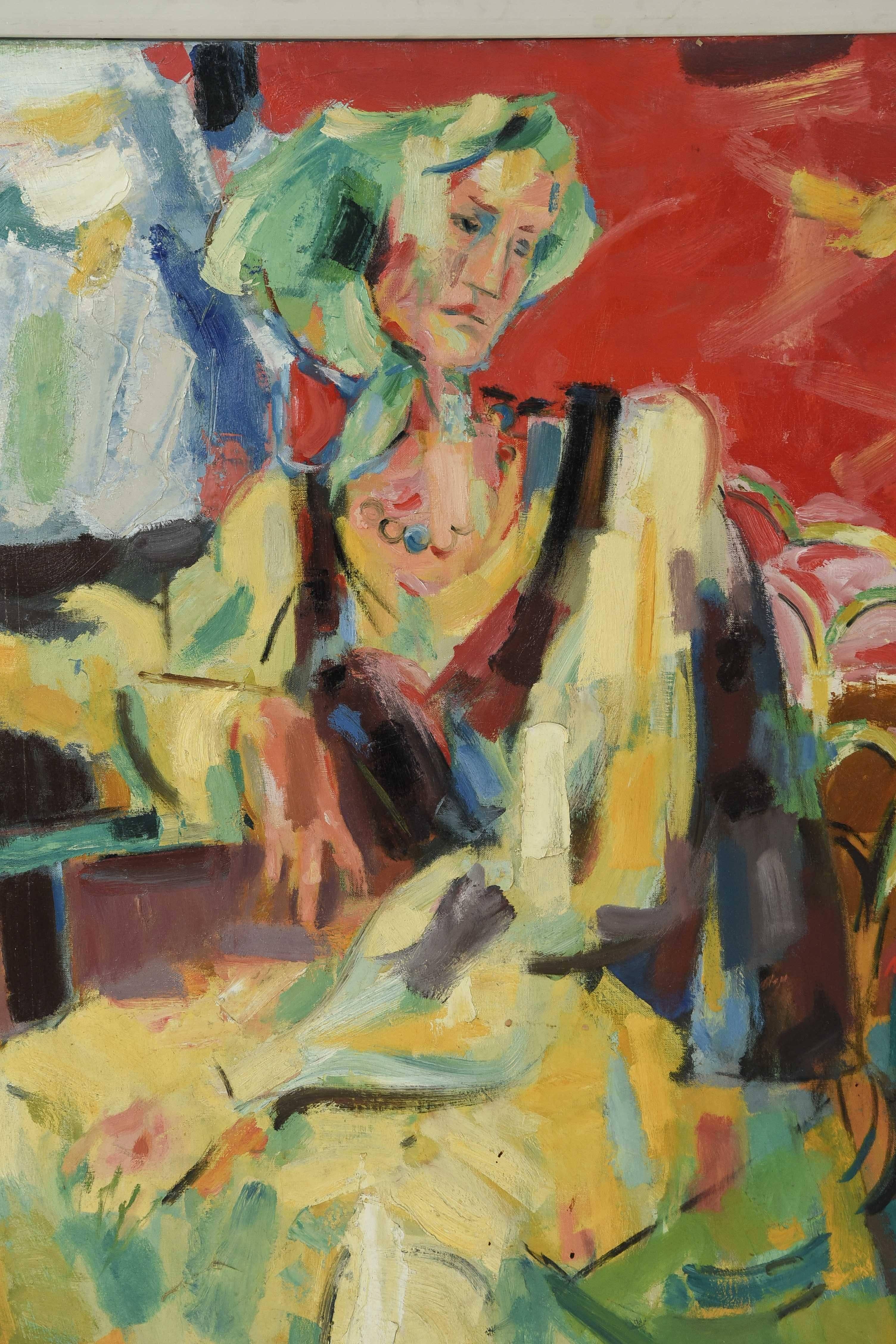 An abstract, figural oil on canvas by artist Alex Minewski (1917-1979) depicting a woman sitting in a chair. Titled 