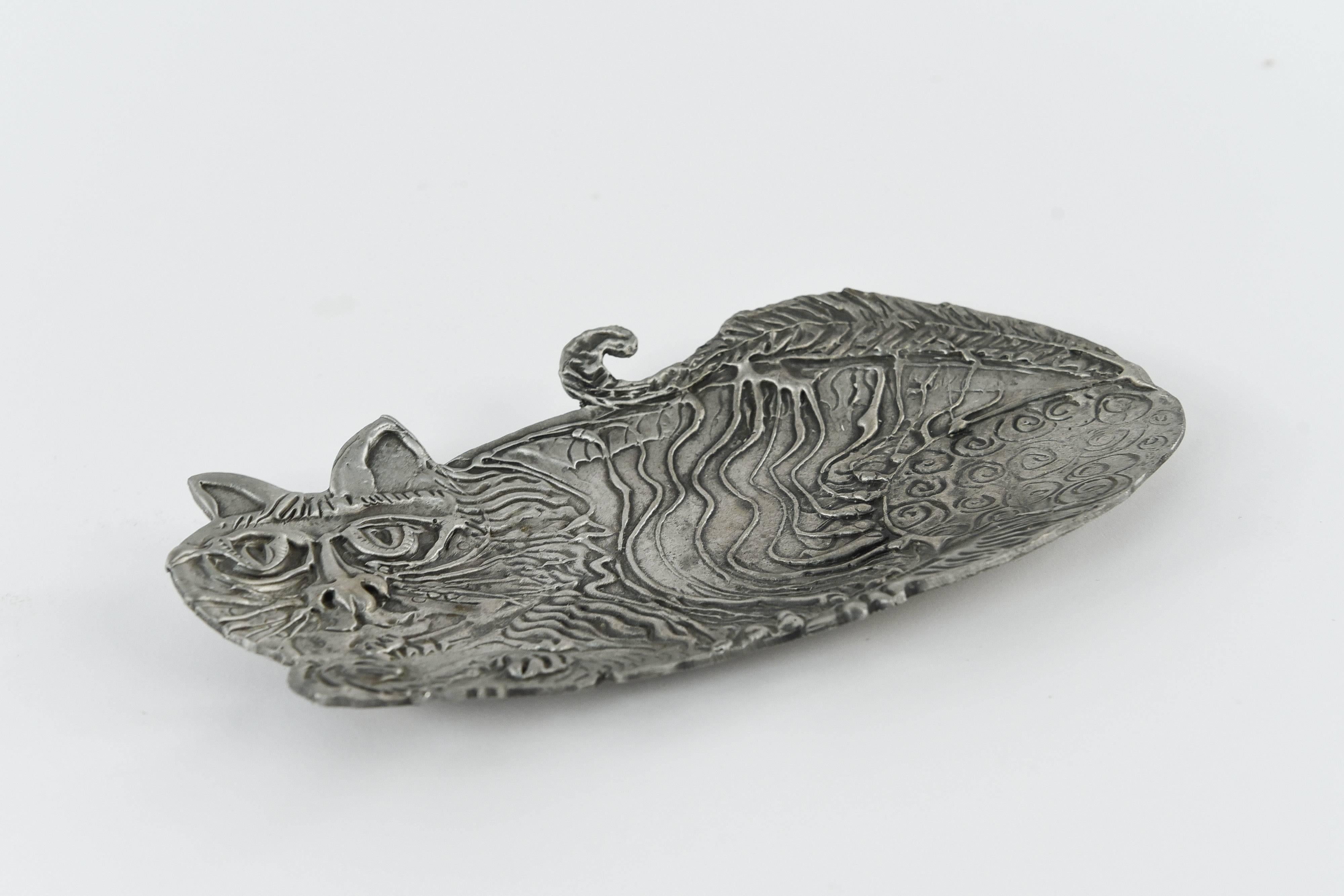 Brutalist Pewter Cat Dish by Donald Drumm 1
