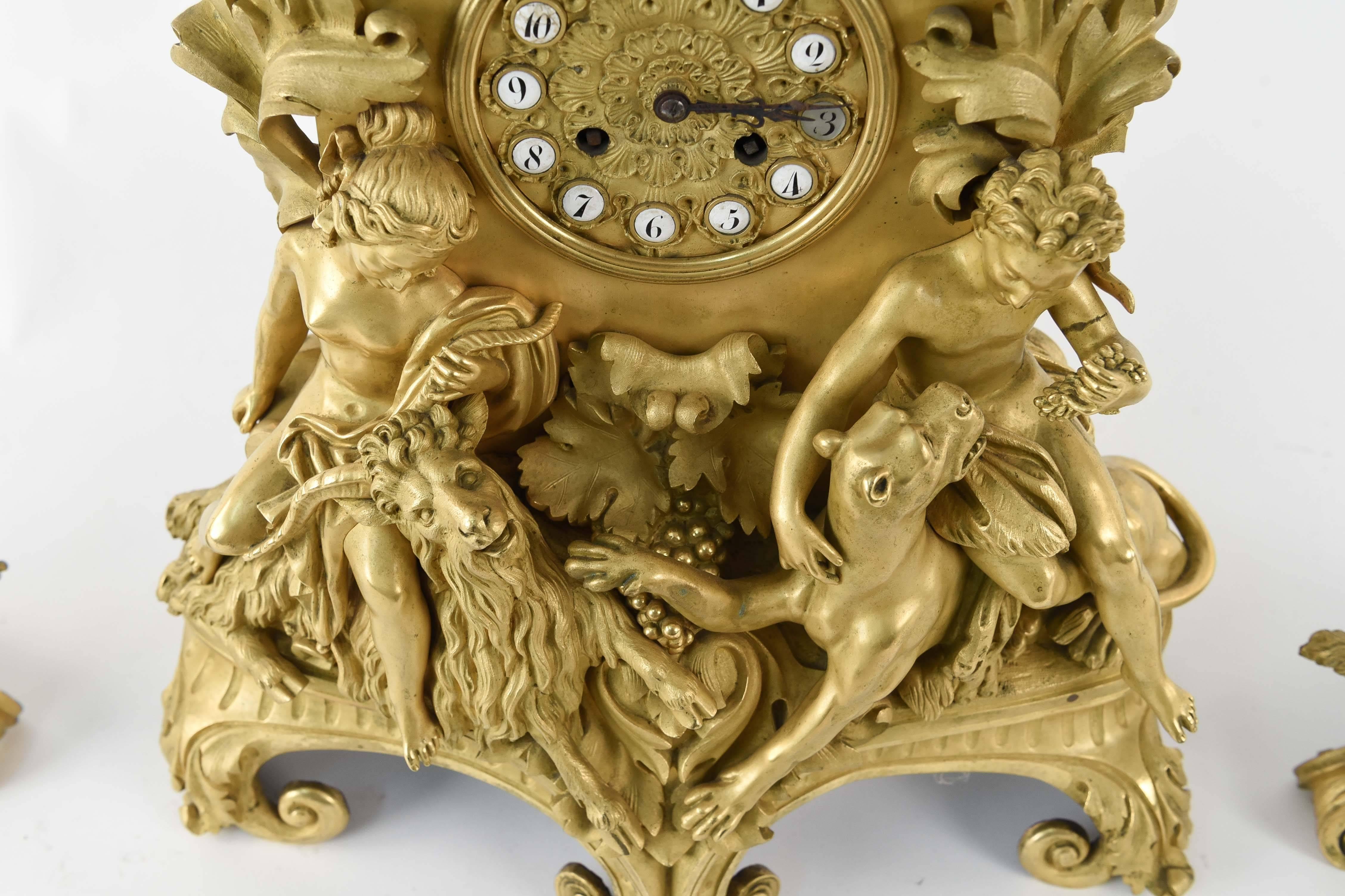 19th Century French Gilt Figural Clock Set For Sale 6