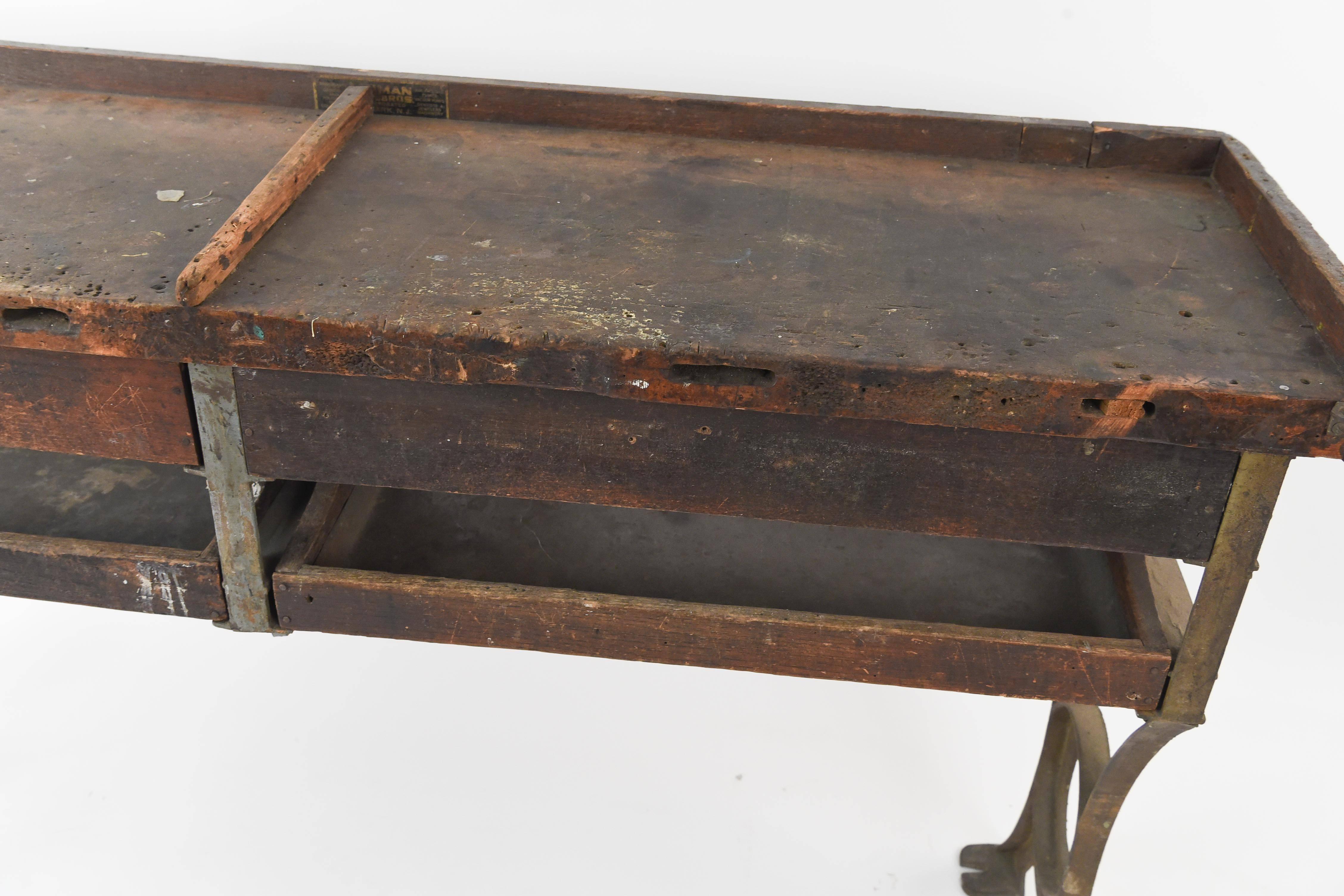 American Antique Iron and Wood Industrial Workbench