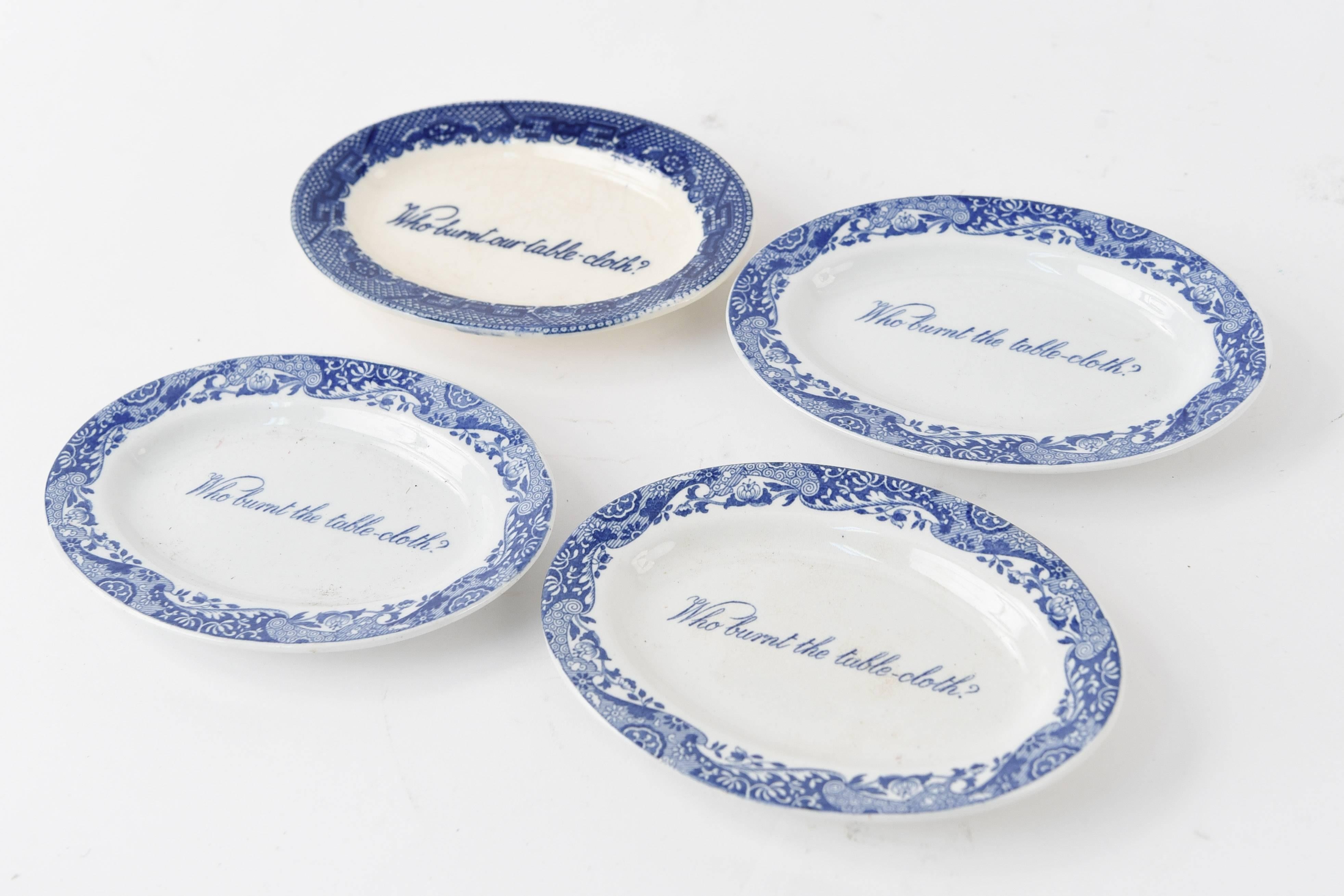 Vintage Blue Transferware Burnt Tablecloth Dishes In Good Condition In Norwalk, CT