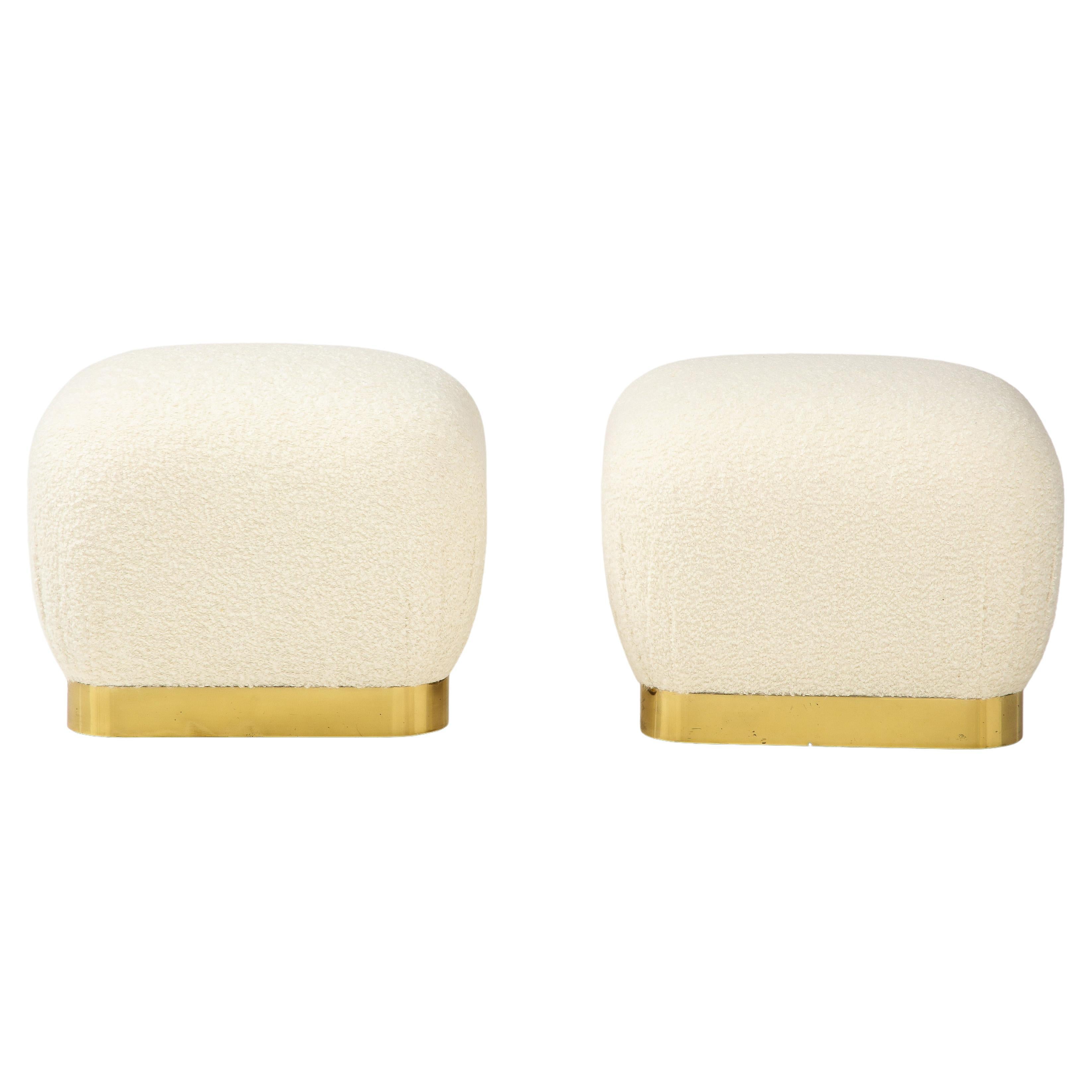 American Karl Springer Pair of Souffle Ottomans in Ivory Bouclé and Brass, 1980s For Sale
