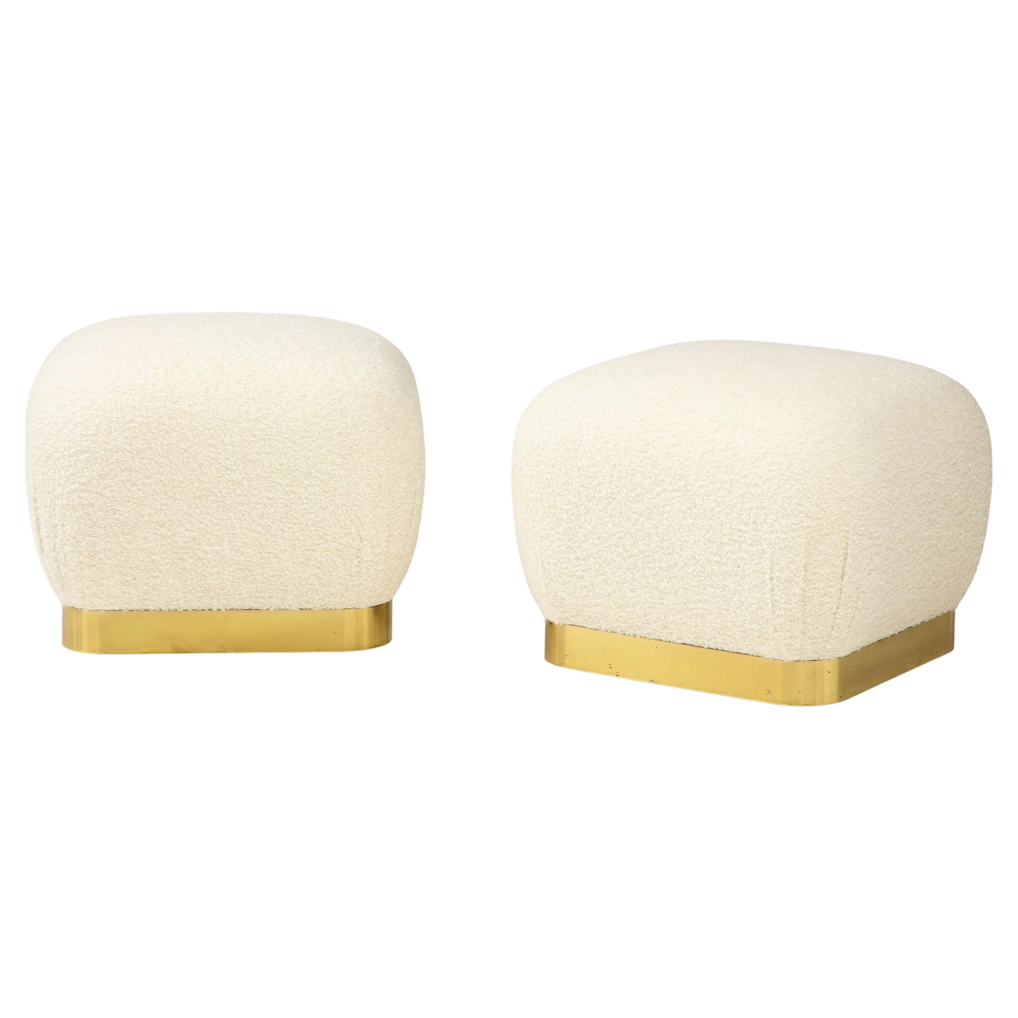 Mid-Century Modern Karl Springer Pair of Souffle Ottomans in Ivory Bouclé and Brass, 1980s For Sale