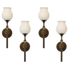 Angelo Lelii pour Arredoluce : ensemble rare de quatre appliques en laiton et verre, Italie, années 1950
