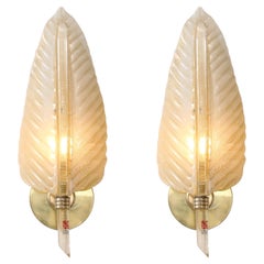 Barovier & Toso Rare Pair of Large Leaf Glass Sconces with Gold Leaf Inclusions