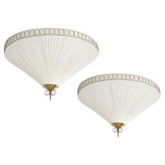 Paavo Tynell for Idman Ceiling Lights Model K5-27 with Silk Shades Brass, 1950s