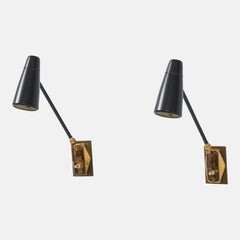 Stilnovo Rare Pair of Articulating Brass & Black Enameled Sconces, Italy, 1950s