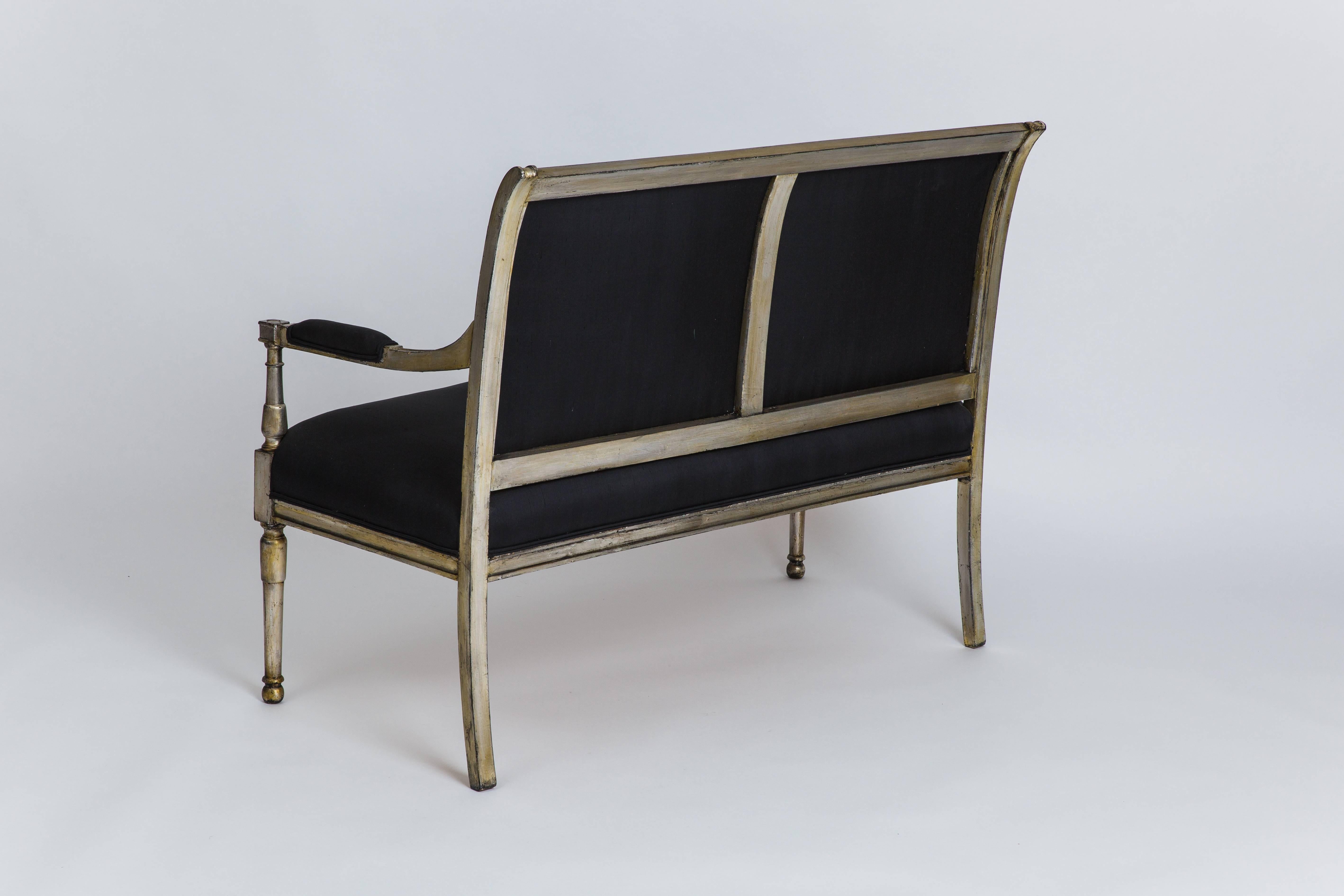 Directoire Maison Jansen Rare Stamped Silver Leaf Settee in Black Raw Silk For Sale