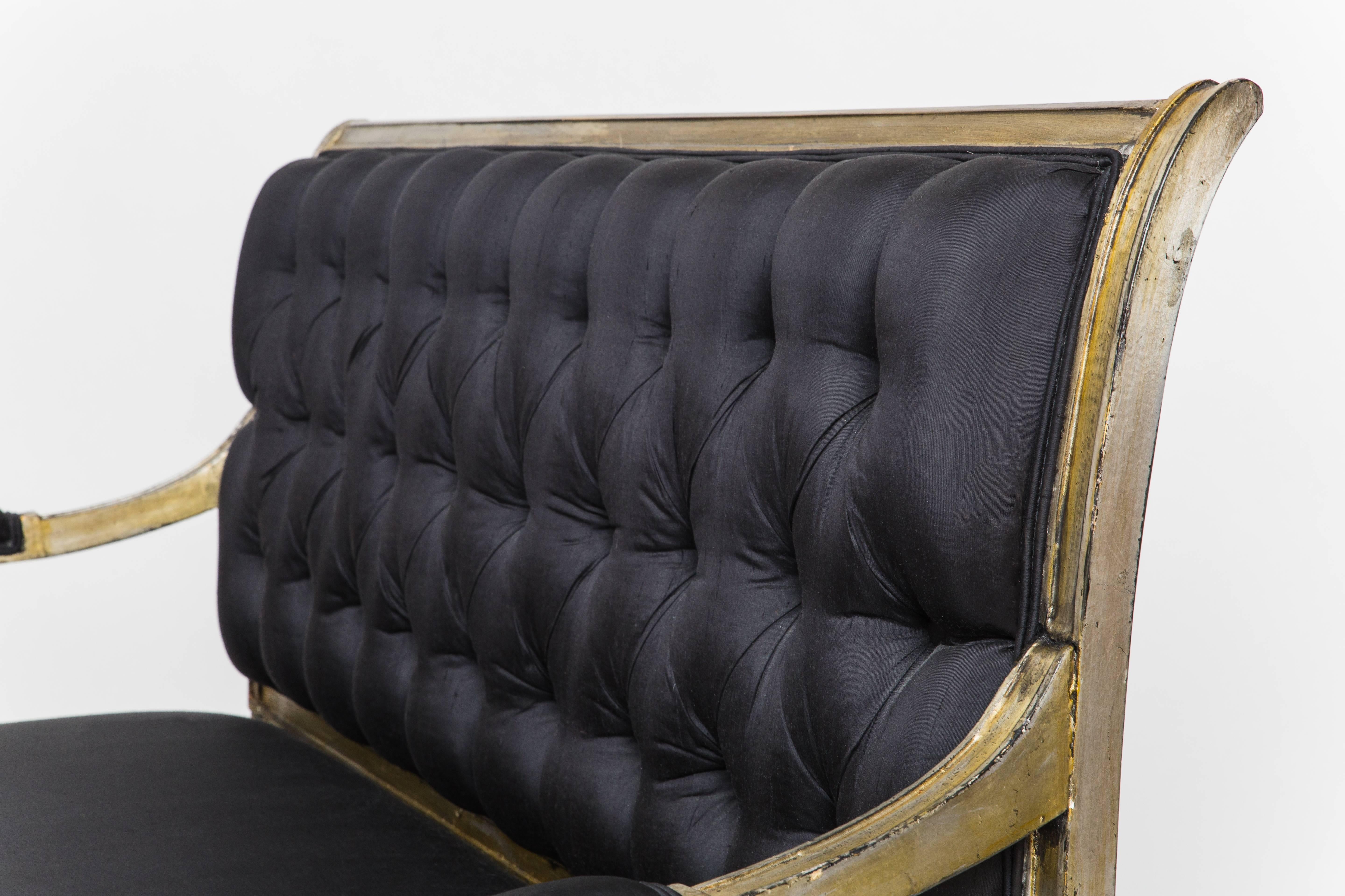 Maison Jansen Rare Stamped Silver Leaf Settee in Black Raw Silk In Good Condition For Sale In New York, NY