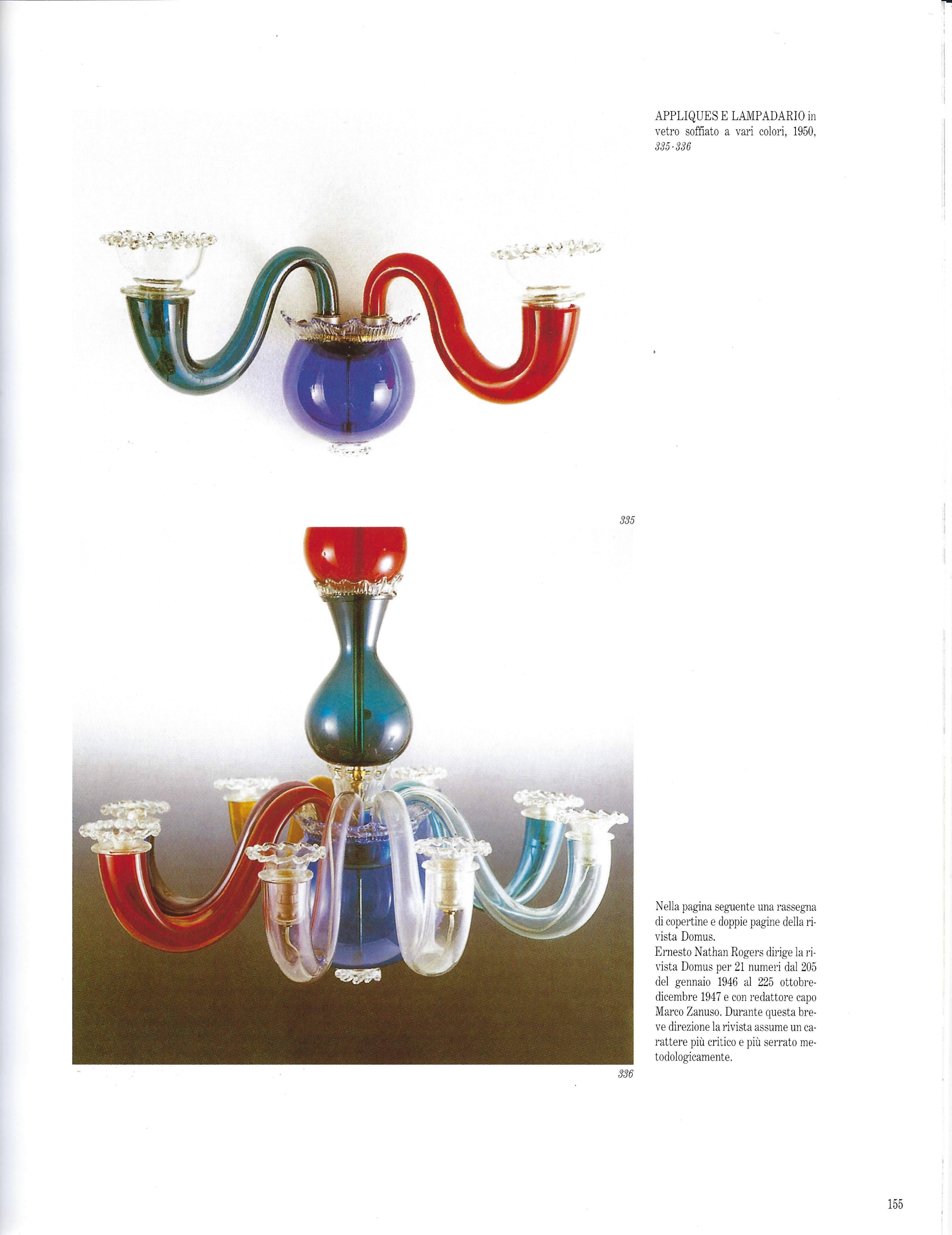 Handblown colored and clear Murano glass with nickel-plated sockets. Rewired to U.S. standards.

Sold with Certificate of Authenticity from Gio Ponti archives.

Literature:
Ugo La Pietra, Gio Ponti, Milan, 2009, p. 155, no. 335 for similar model