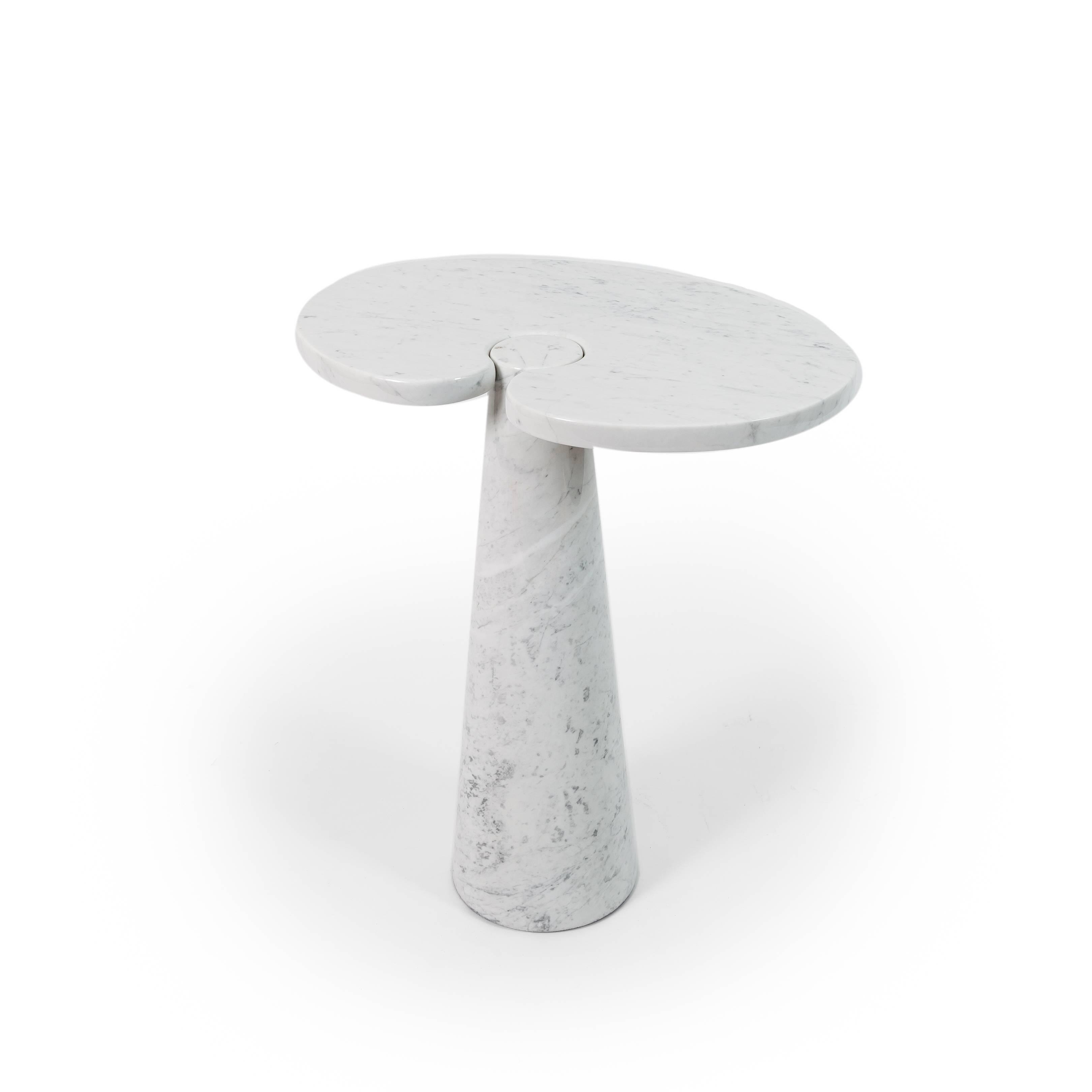 Elegantly organic tall side table or small console with Carrara marble top fitted on conical pedestal base with no joints, and instead, a gravity-based interlocking system which is a Mangiarotti signature design.

Literature:
Beppe Finessi, Su