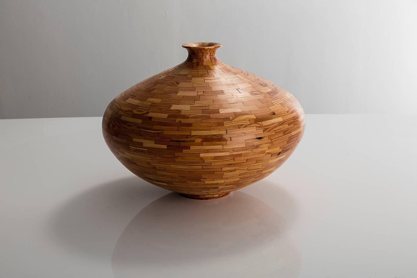 Modern Contemporary American Wooden Vase, Heart Pine, Handmade, Sculpture, In Stock