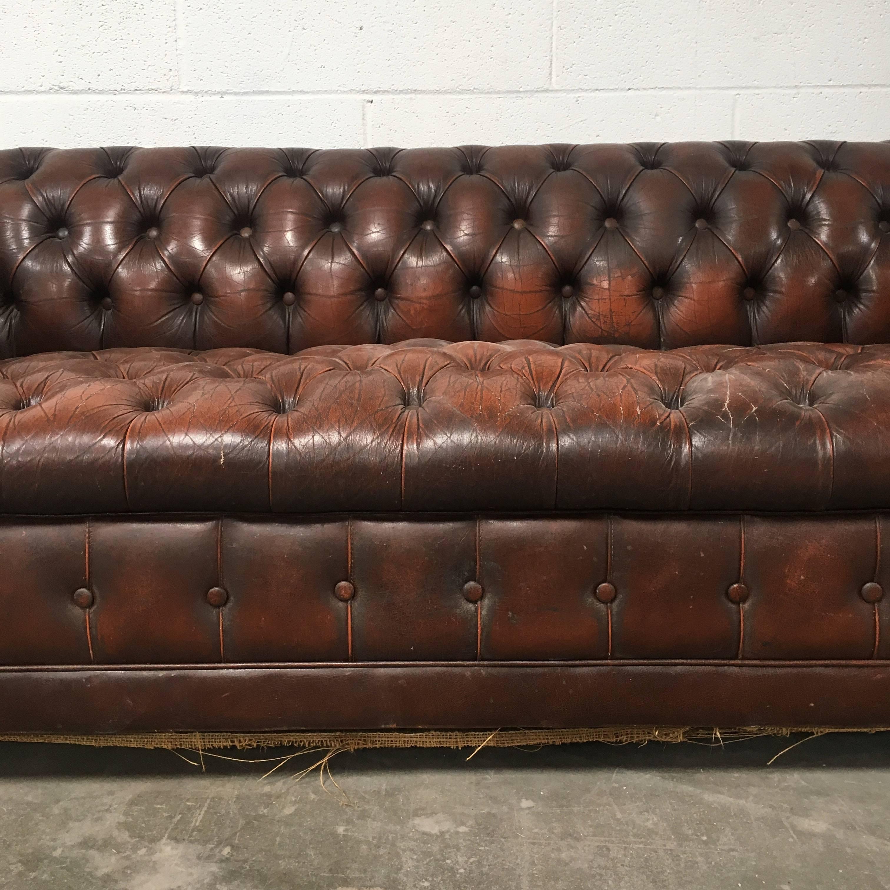 Vintage Brown Leather Chesterfield In Excellent Condition In Los Angeles, CA