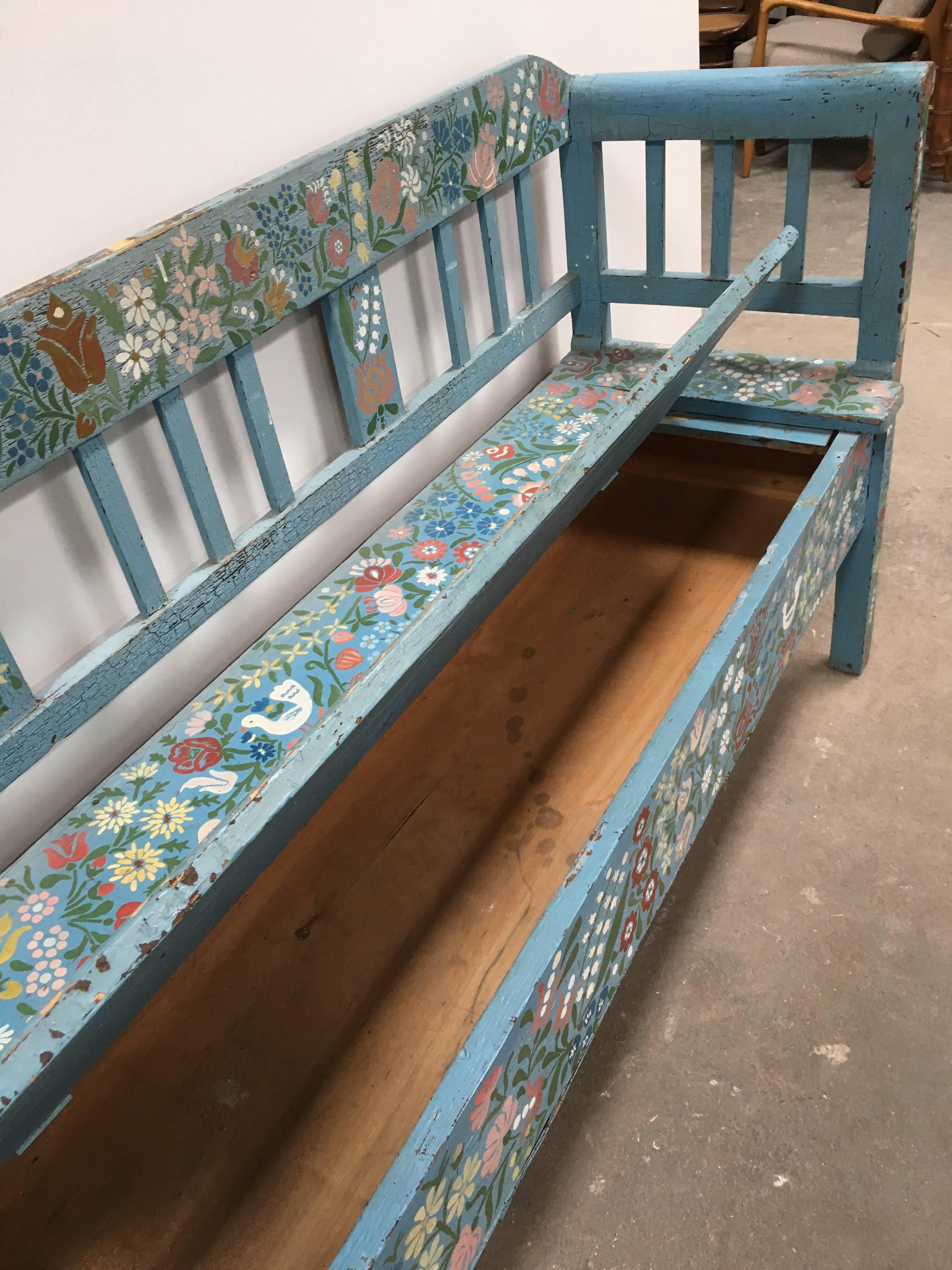 French Vintage Hand-Painted Floral European Storage Bench