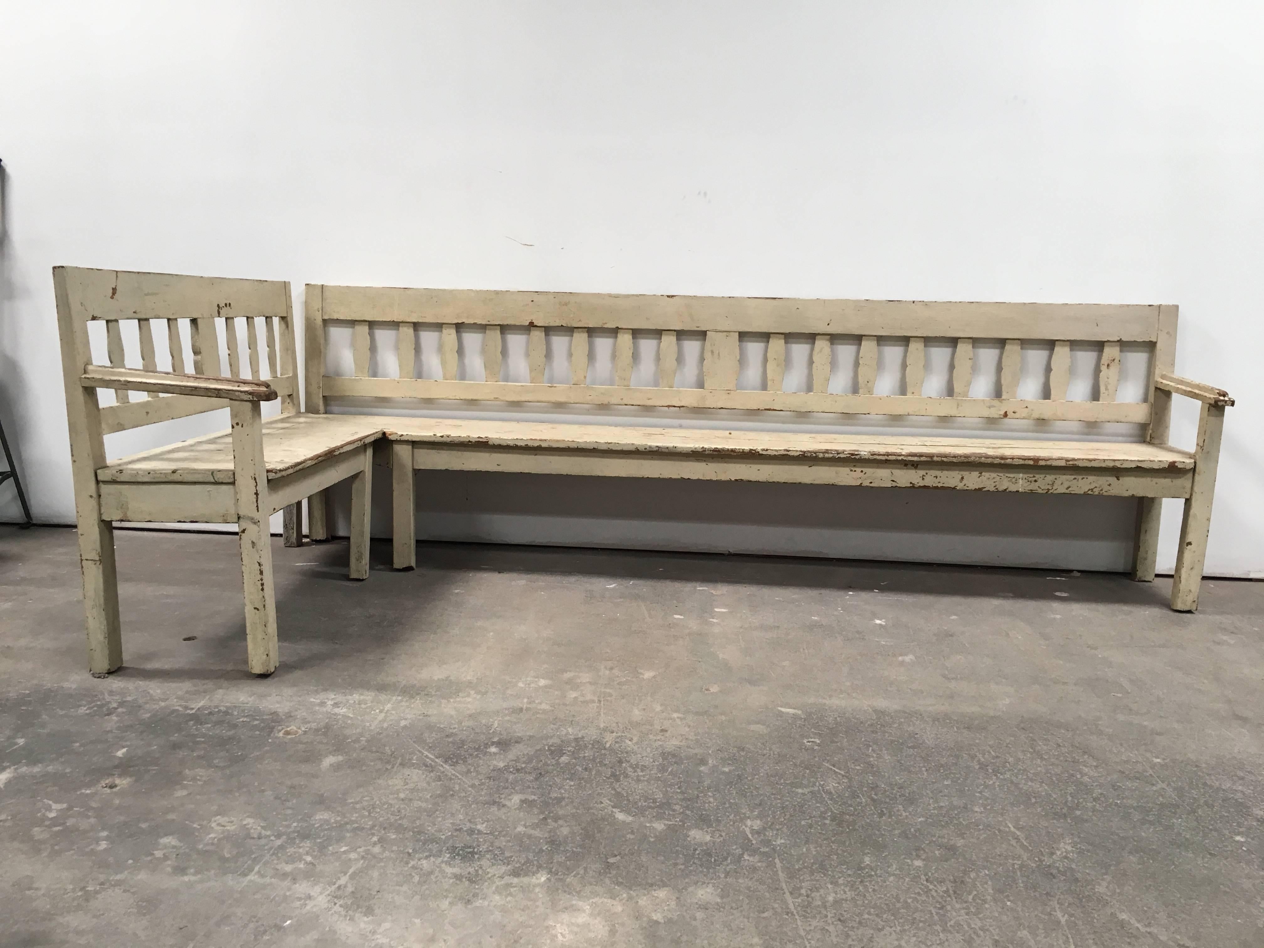 One of a kind sectional indoor/outdoor bench. Would be beautiful in a garden!

Long piece is 108