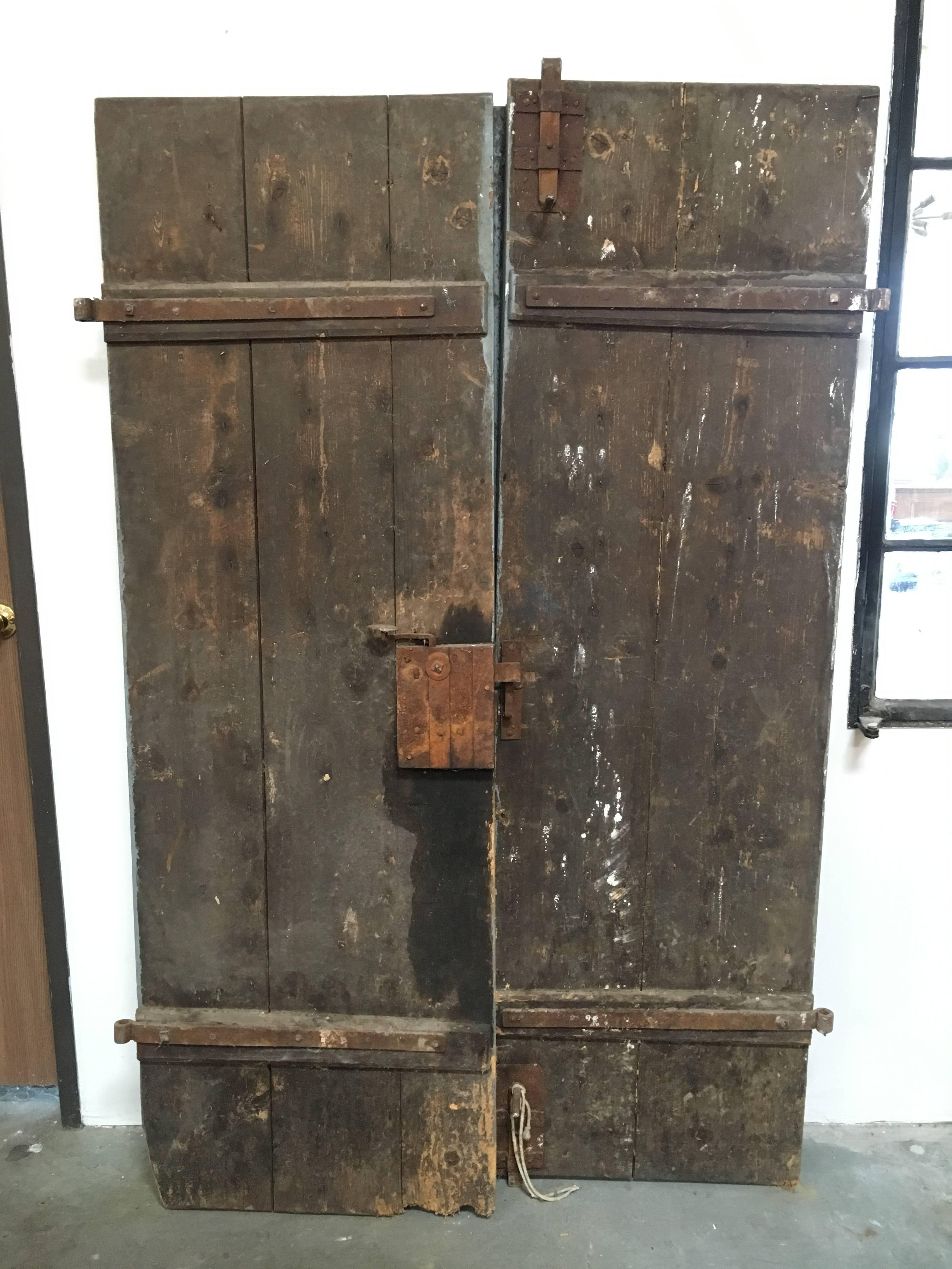 Hand-Crafted Pair of Antique French Painted Farm Doors For Sale