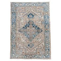 Vintage Heriz Rug with Soft Blue Medallion and Cream Floral Field