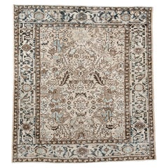 Vintage Heriz Rug with Cream Field and Sky Blue Accents