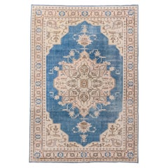 Vintage Sivas Rug with Sky Blue Field and Cream Floral Medallion