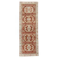 Vintage Caucasian Runner with Five Star Medallions in Brick Red and Ivory
