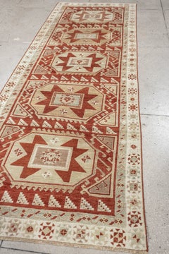 Vintage Caucasian Runner with Five Star Medallions in Brick Red and Ivory