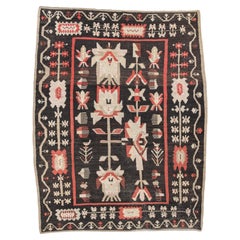 Vintage Turkish Kilim in Espresso Black with Ivory and Red Florals