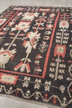Vintage Turkish Kilim in Espresso Black with Ivory and Red Florals