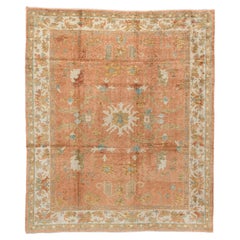 Vintage Turkish Oushak Rug in Apricot with Ivory Floral Border