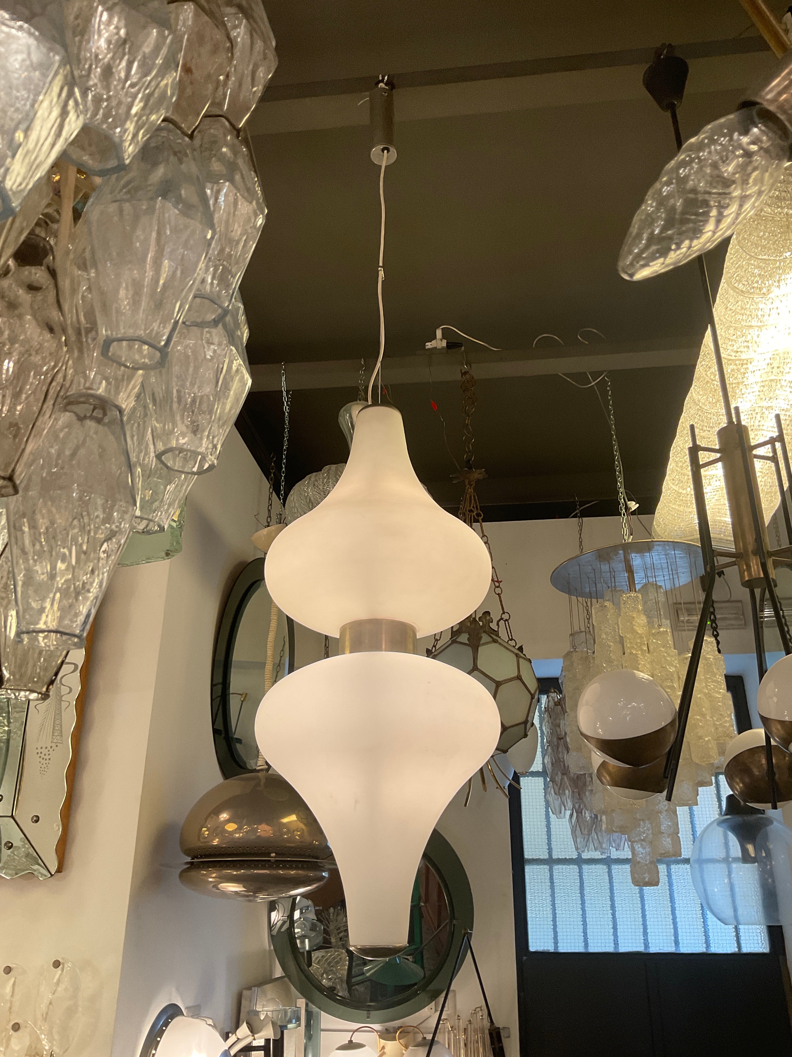 Exceptional Stilnovo Chandelier With its original brand stamp, in Opaline and Metal Crome glass from 1950s