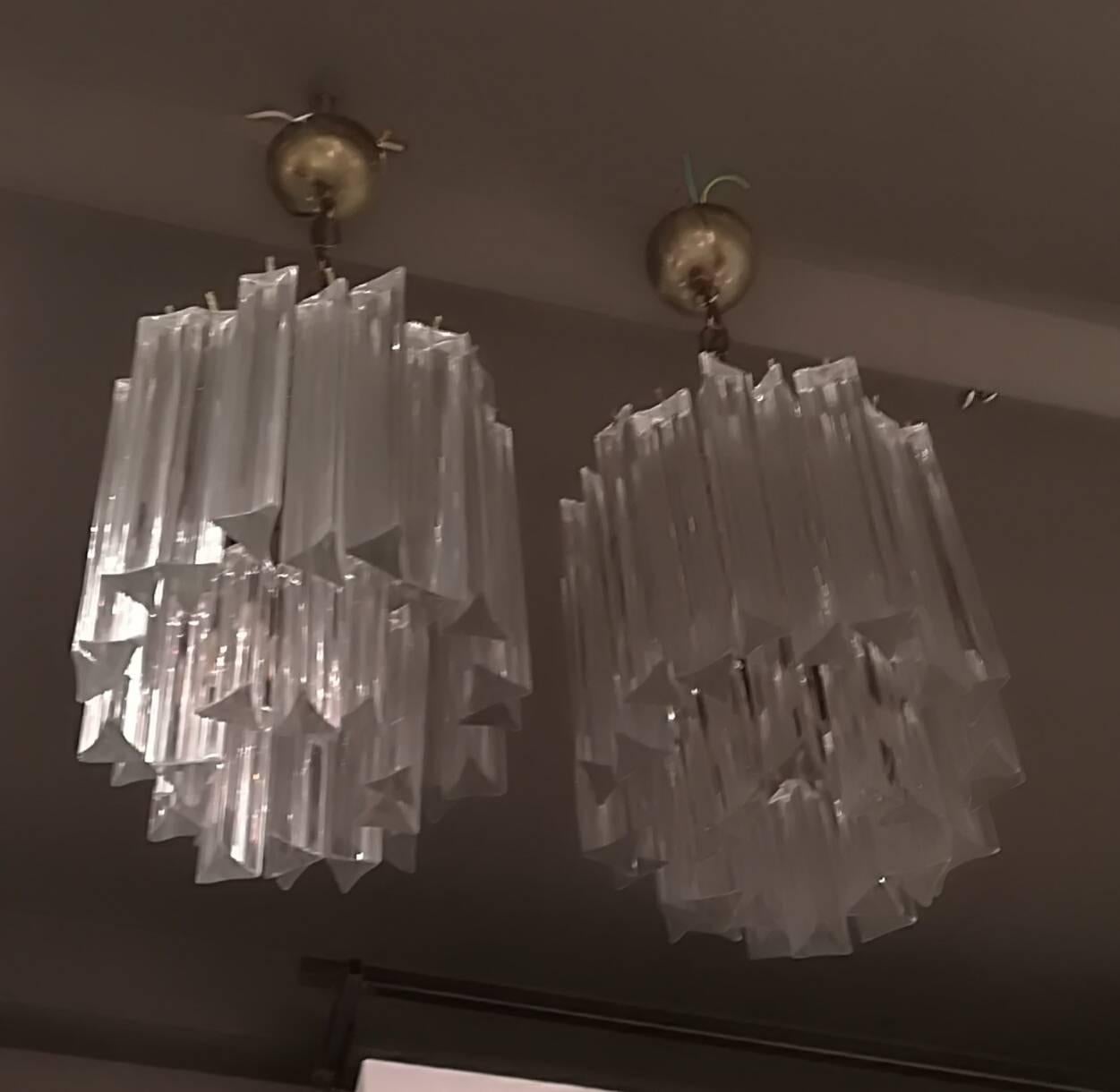 Italian Chandeliers 1958 Irrident Transparent, Triedri Murano Glass Venini