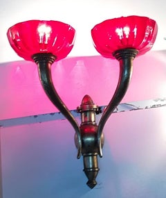 Pair of Venini Brass and Red Murano Glass Italian Sconses 1930
