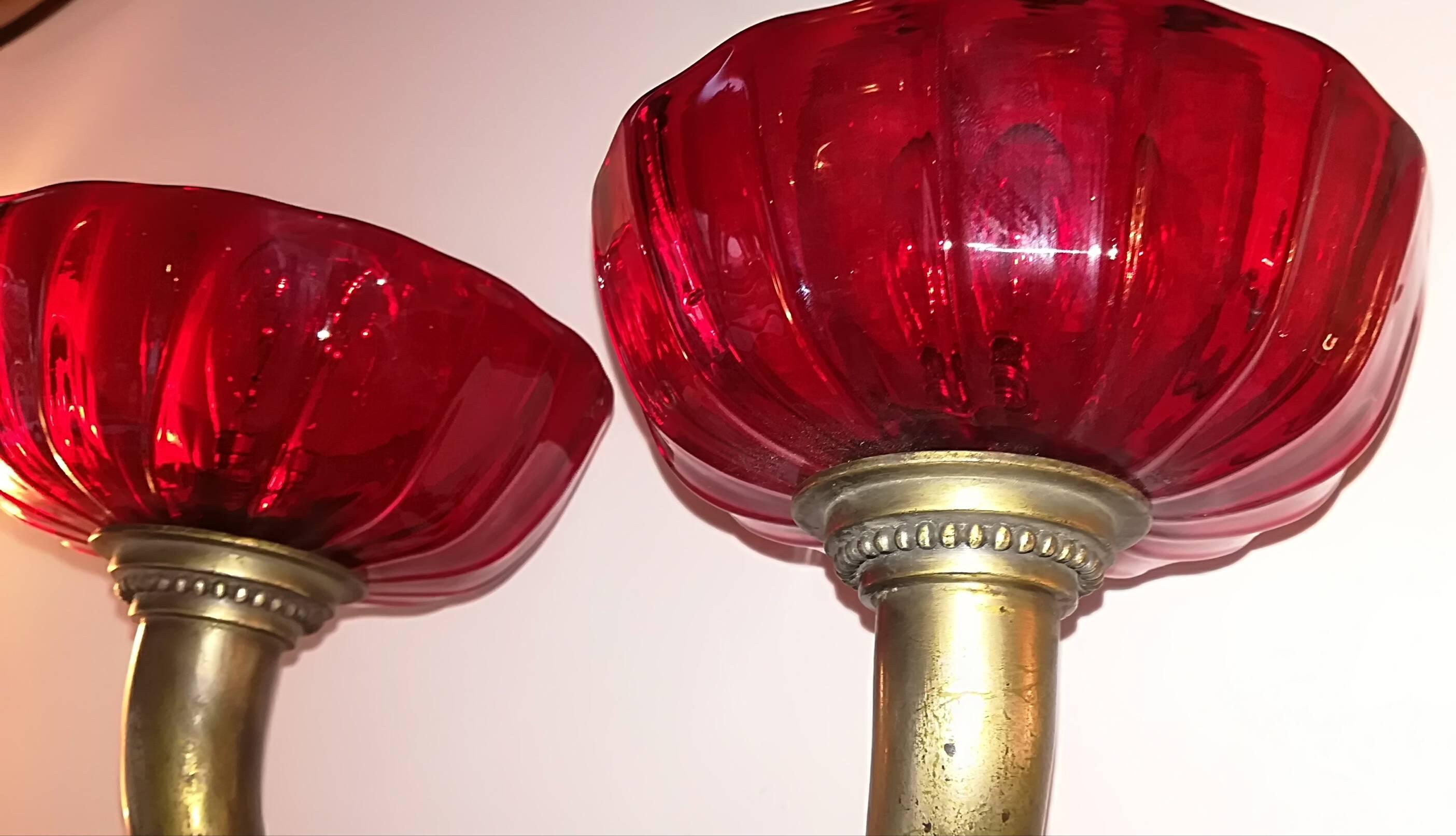 20th Century Pair of Venini Brass and Red Murano Glass Italian Sconses 1930 For Sale