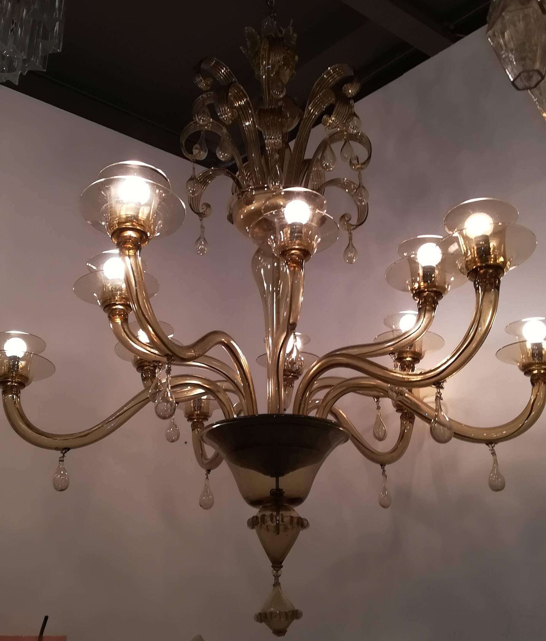 italien Lustre Venini 1940 en verre de Murano à 12 éclairages en vente