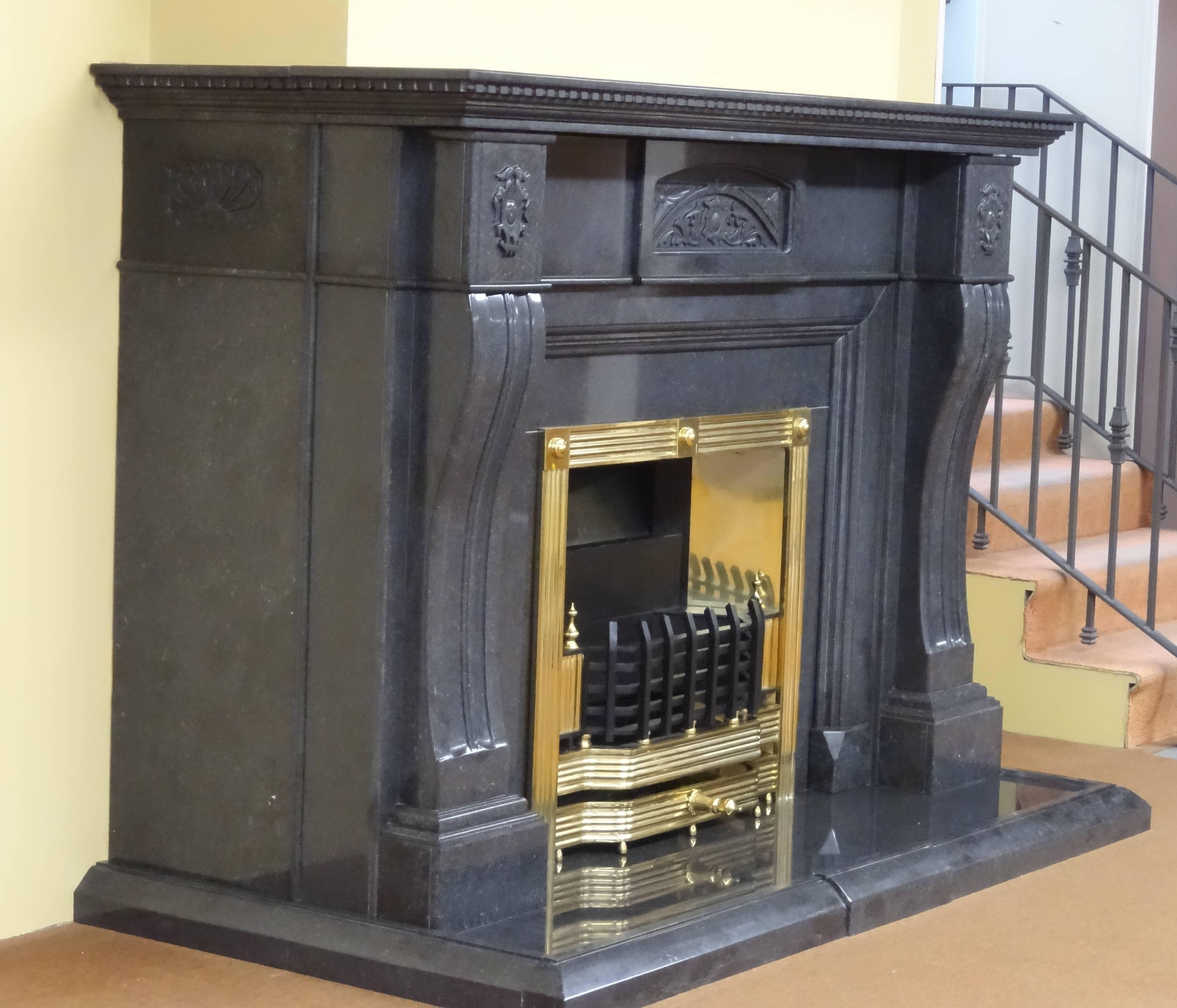 Great Britain (UK) Carved Marble Wrap Around Chimney Breast Fireplace with Brass Register Grate For Sale