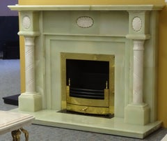 Green Onyx and Carved Marble Fireplace with Brass Frame and Fire Basket