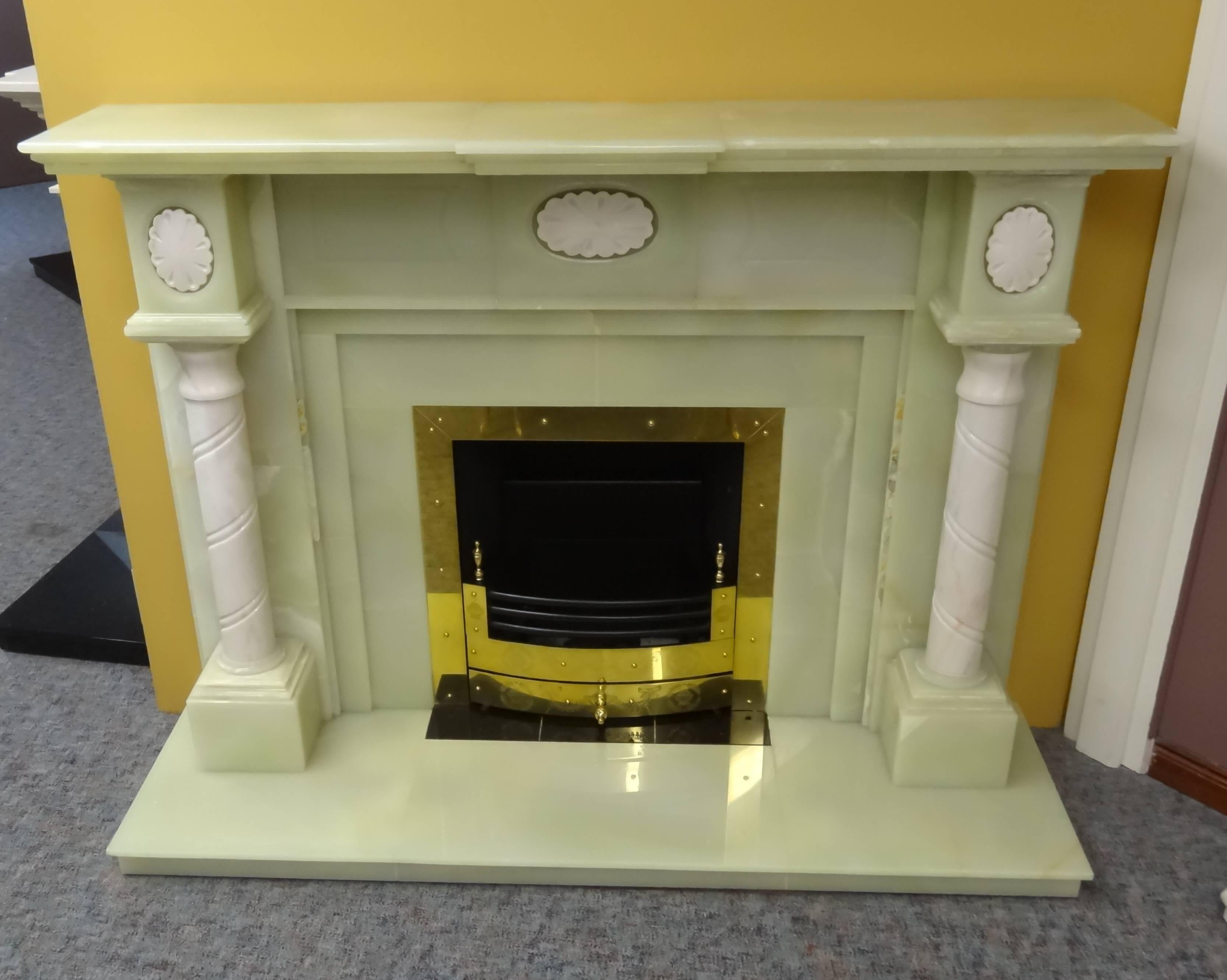 Georgian Green Onyx and Carved Marble Fireplace with Brass Frame and Fire Basket For Sale