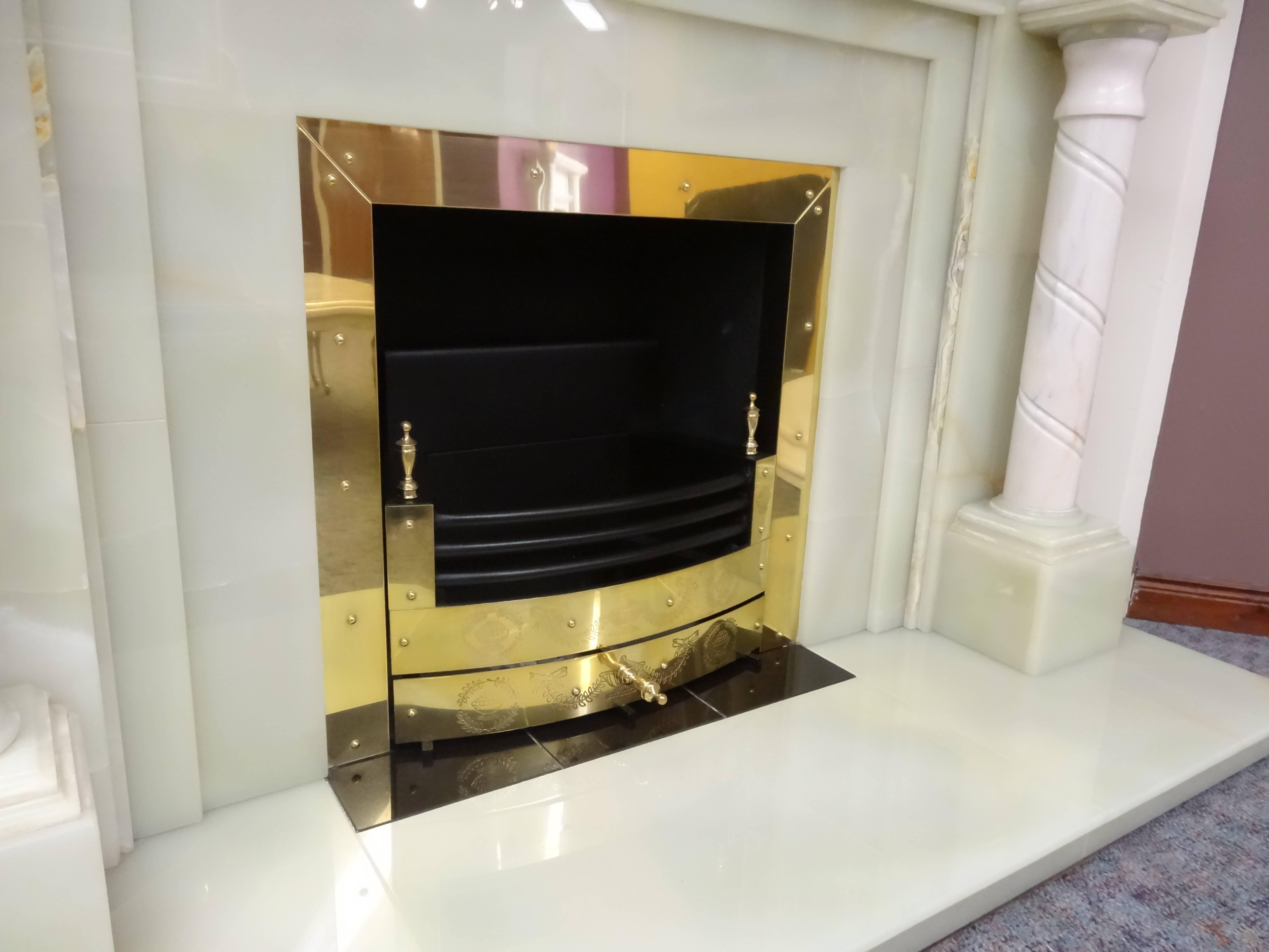 Green Onyx and Carved Marble Fireplace with Brass Frame and Fire Basket For Sale 2