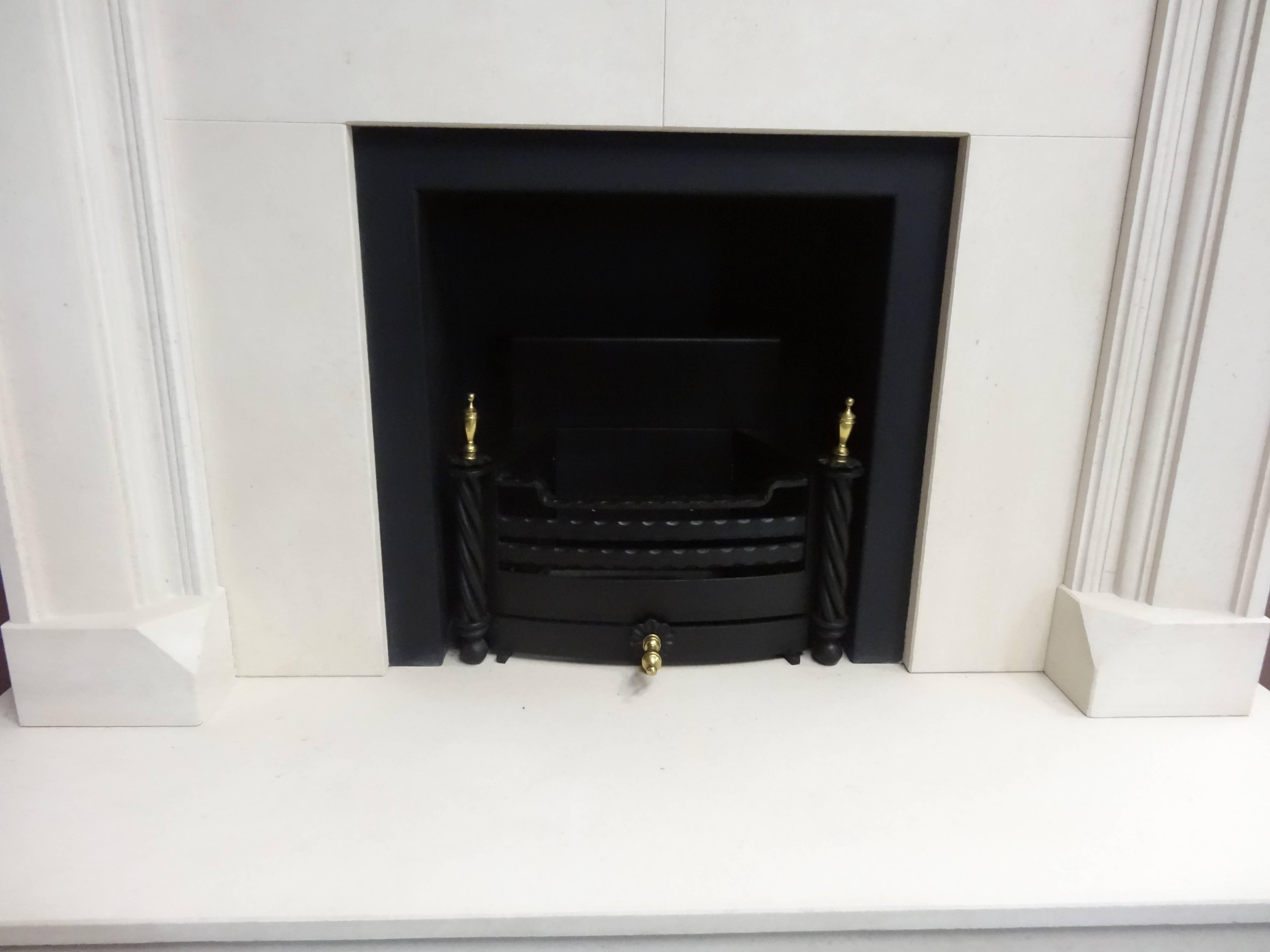 Irish Edwardian Style Limestone Fireplace with Black Metal Frame and Fire Basket For Sale 2