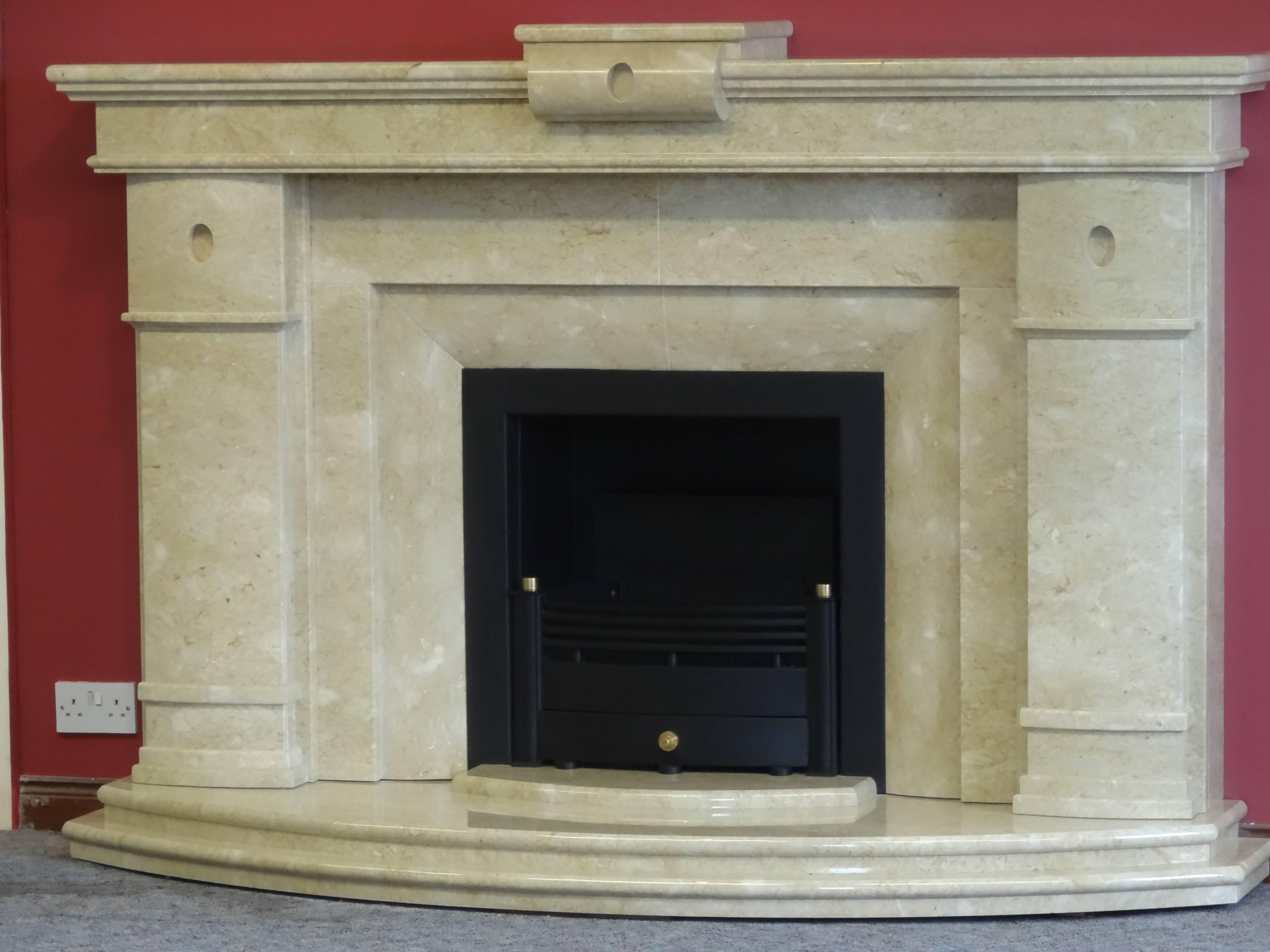 Other 21st Century Polished Curved Marble Fireplace with Black Trim and Fire Basket For Sale