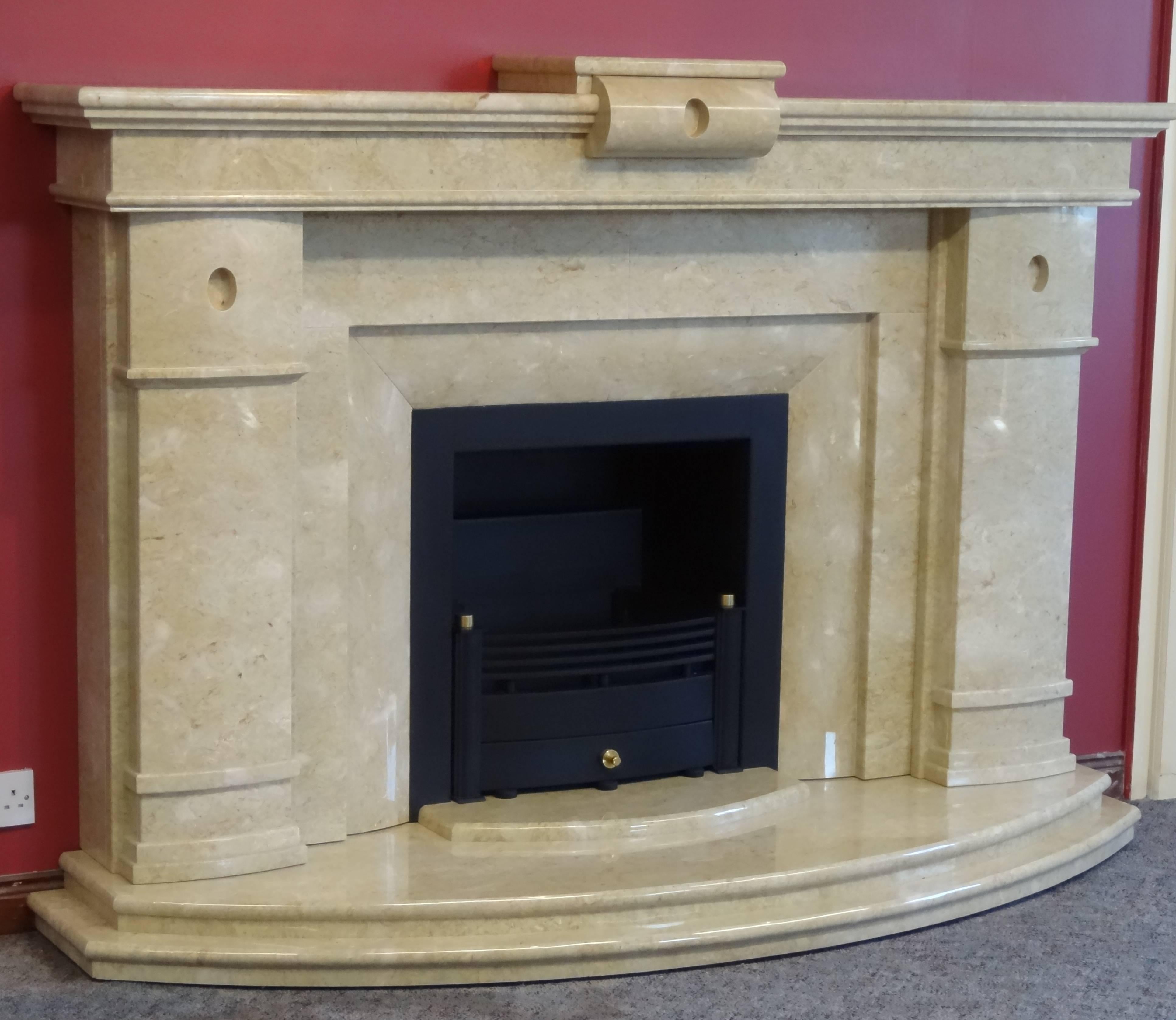 Contemporary 21st Century Polished Curved Marble Fireplace with Black Trim and Fire Basket For Sale